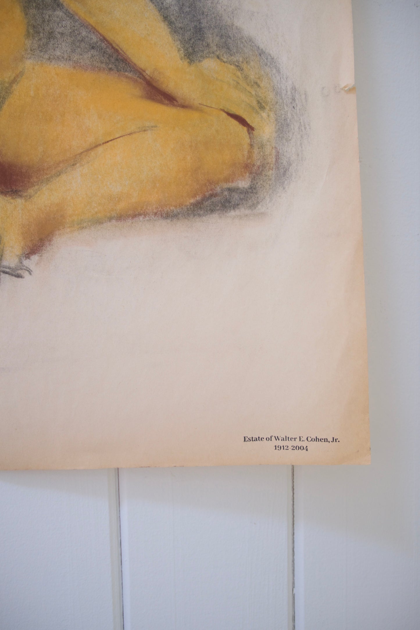 Vintage Original Nude Charcoal Drawing, With Orange Highlights, Walter E. Cohen Jr