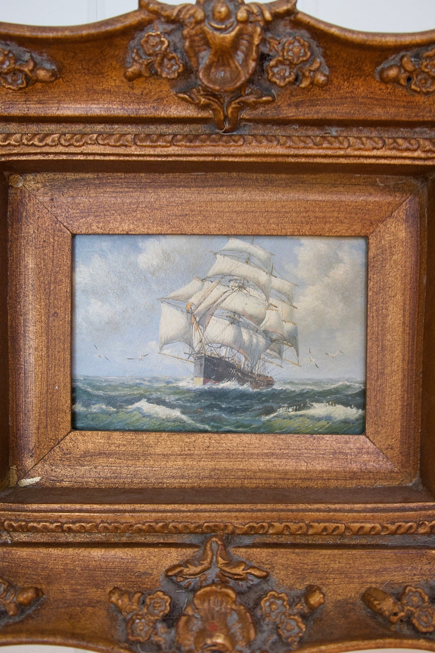 Vintage Nautical Oil Painting of Tall Ship in Ornate 3" Deep Carved Wood Frame – Signed