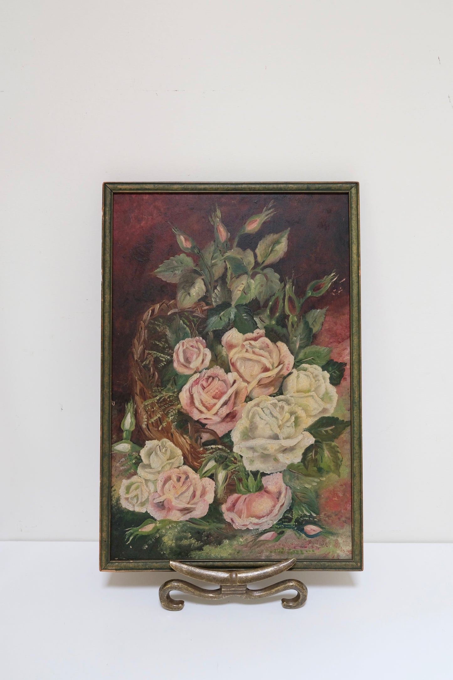 Antique Oil Painting on Board of a Moody Rose Bouquet