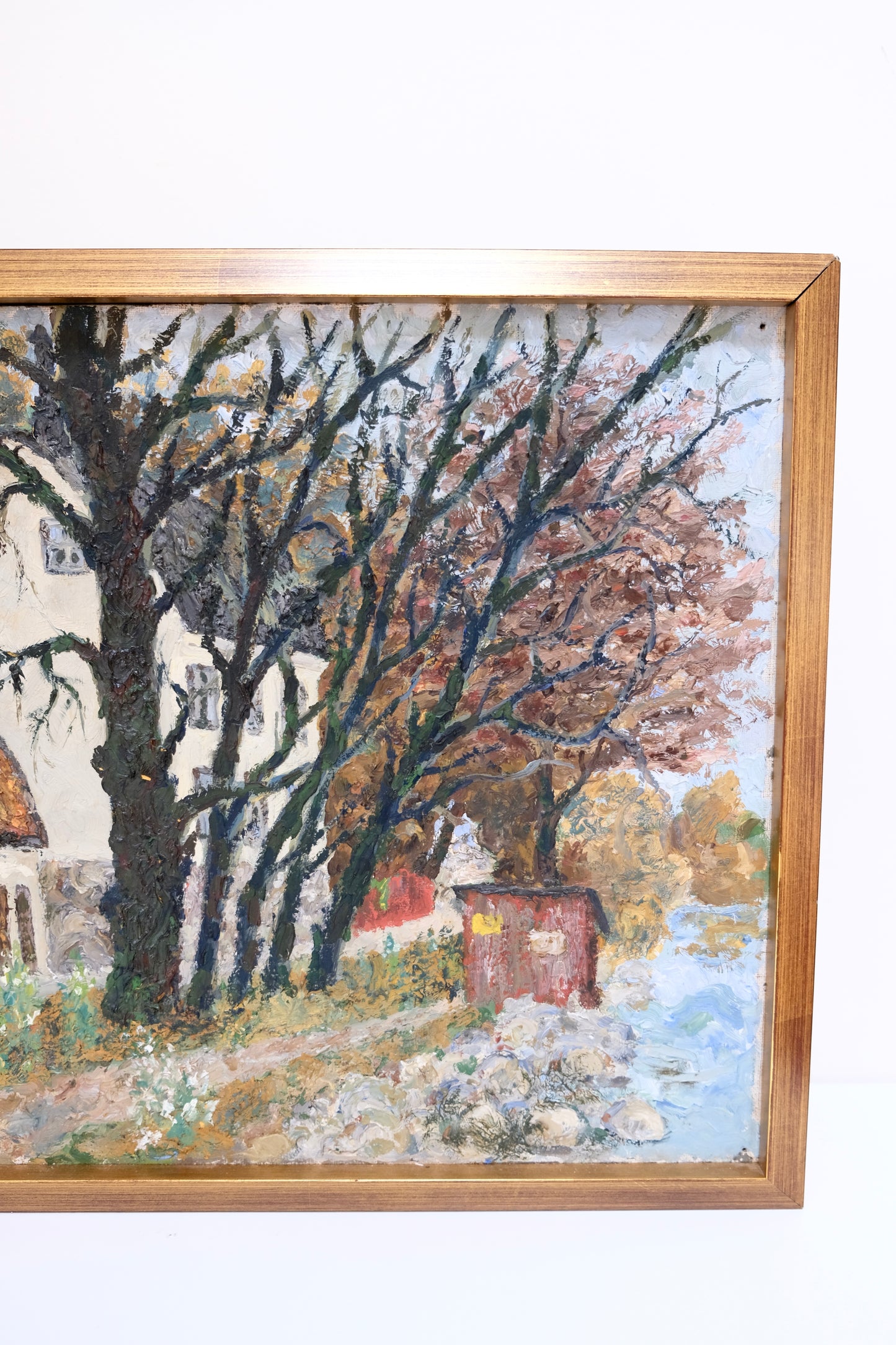 Vintage Impressionist Oil Painting of a Farmhouse by a River