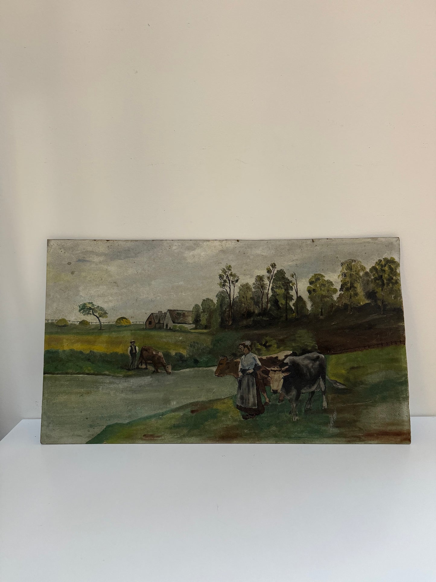 Likely Antique Folk Painting of a working farm scene with sweet cows