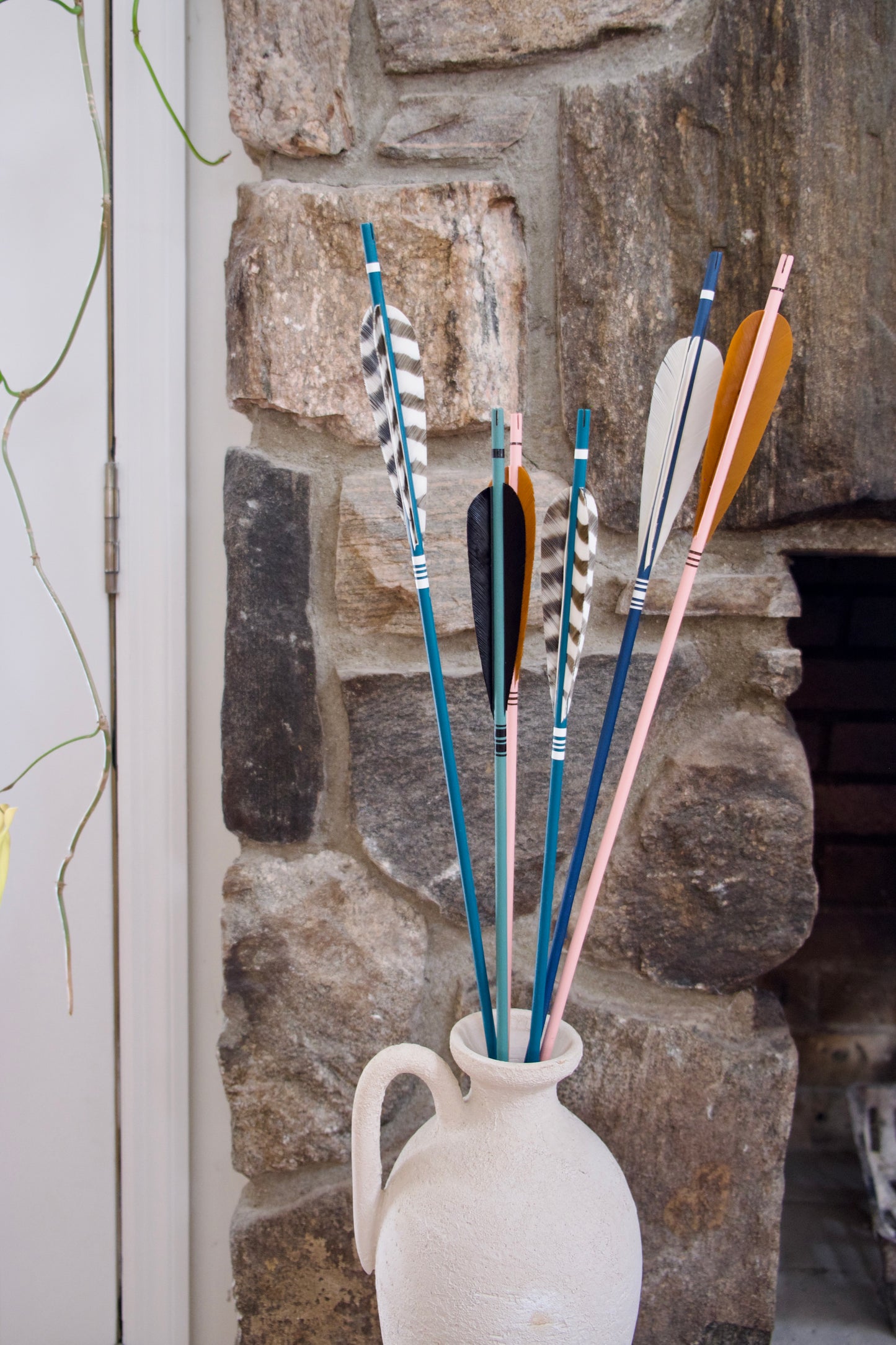 Two Sets of Three Incredible Vintage Wooden Arrows with Goose Feathers