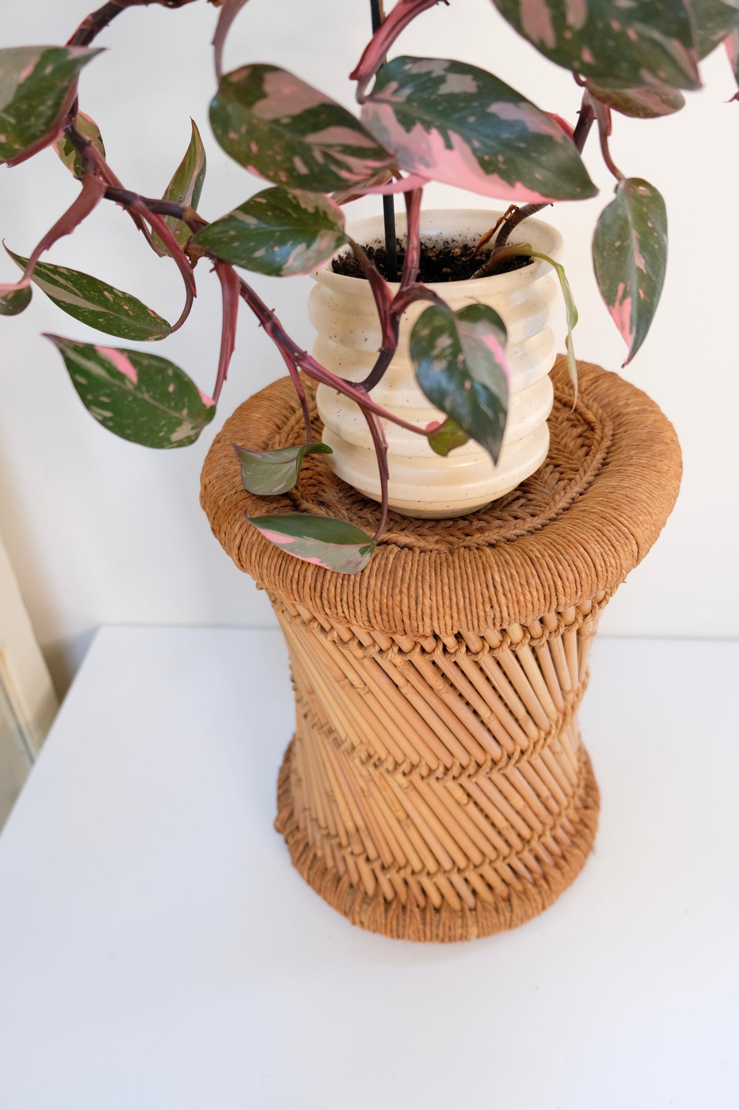 Vintage Jute Wicker Pencil Reed Bamboo Stool/Stands