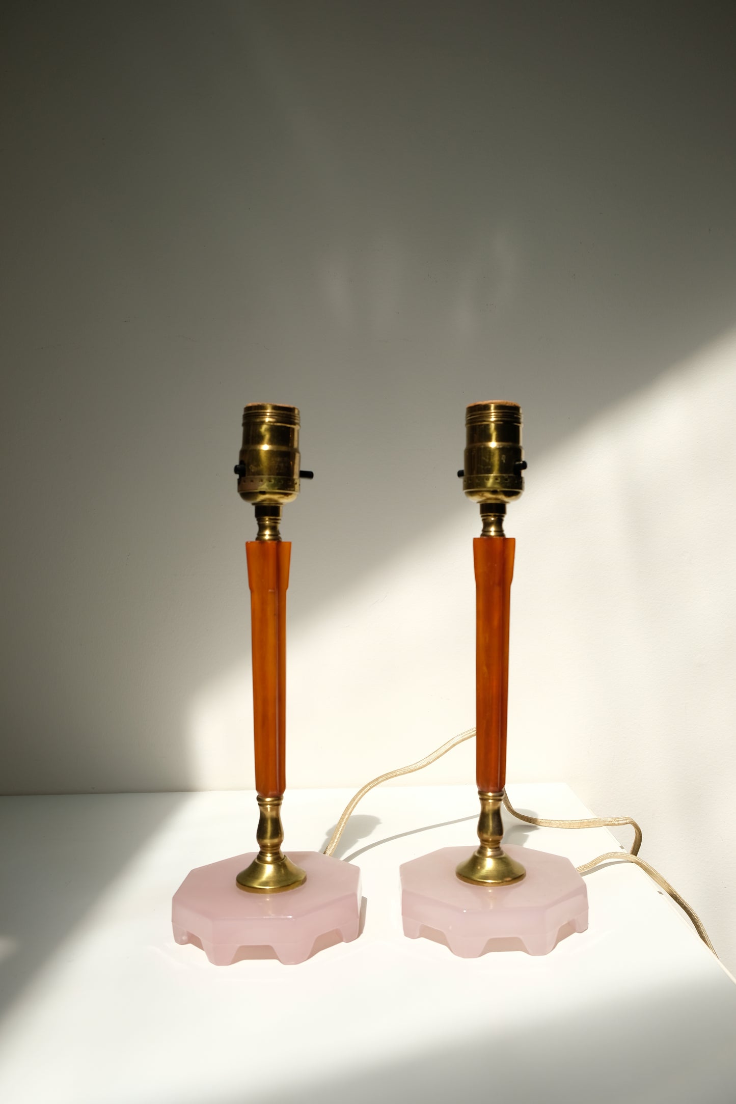 Pair of Vintage Art Deco Glass, Brass and Bakelite Lamps
