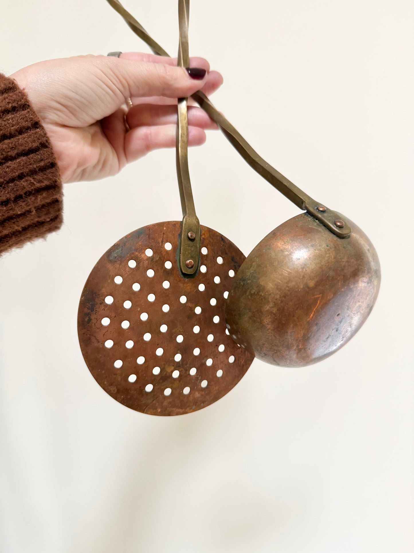 Pair Vintage Long Copper Ladle and Copper Strainer