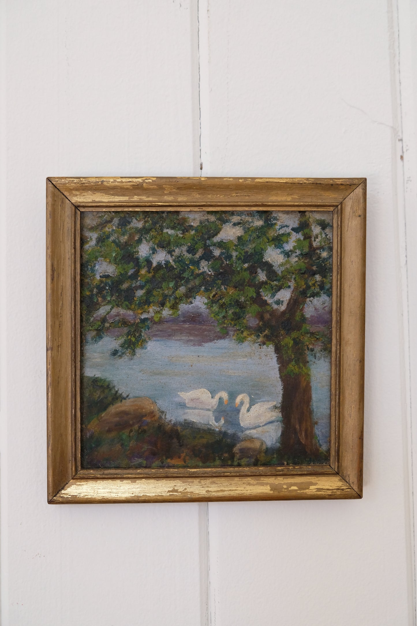 Vintage Swan Landscape Oil Painting
