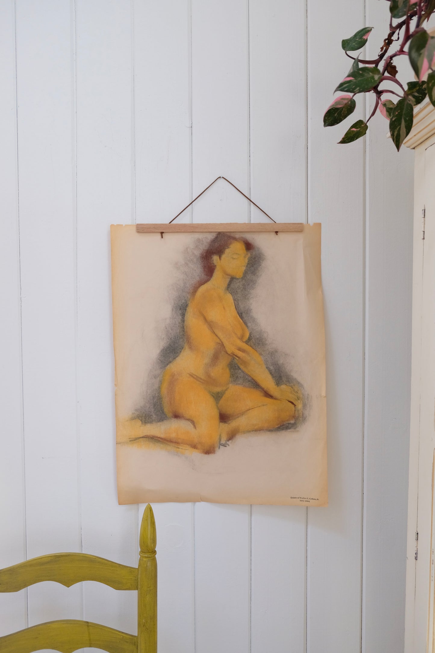 Vintage Original Nude Charcoal Drawing, With Orange Highlights, Walter E. Cohen Jr