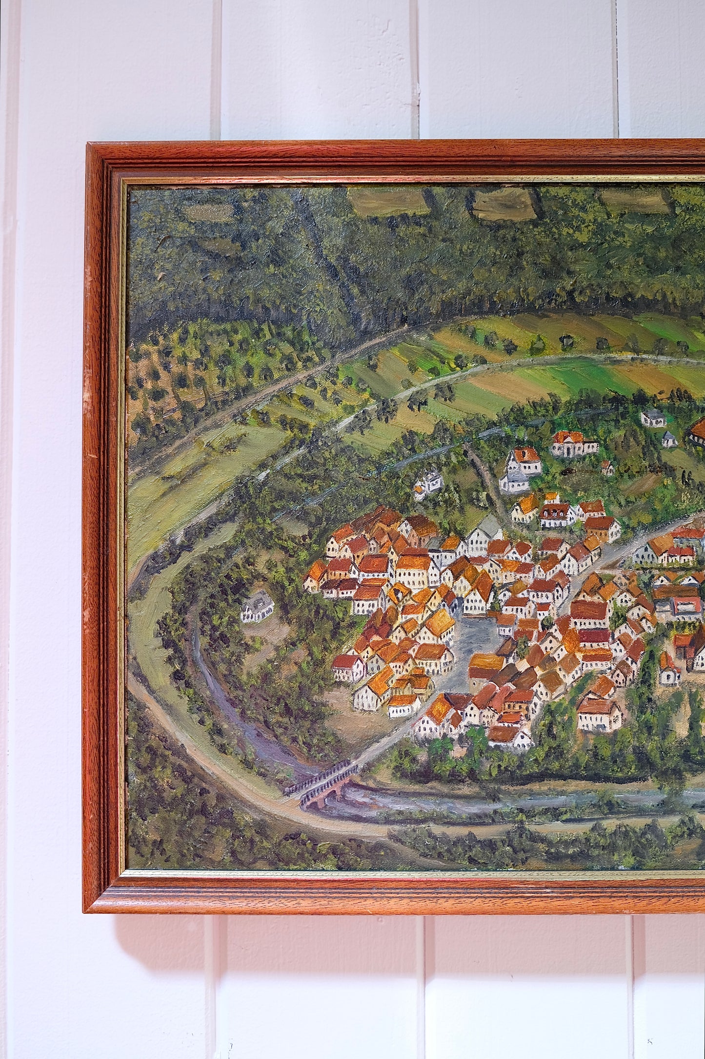Vintage European Village Scene Oil Painting