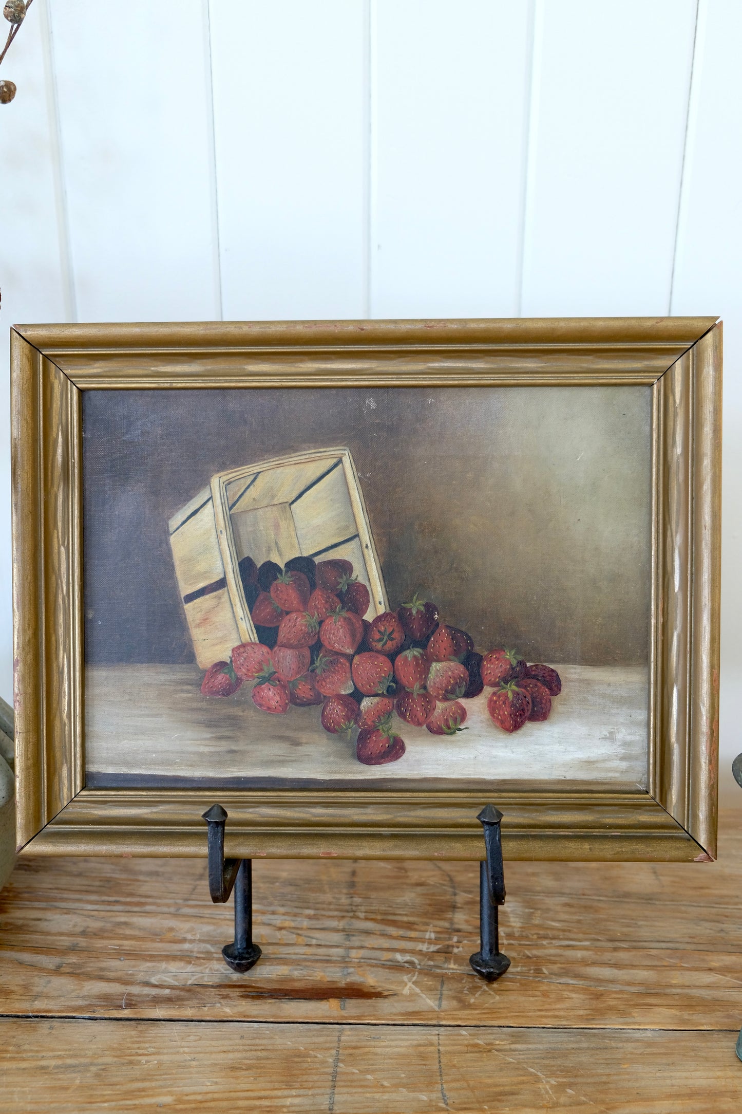 Antique 1800s Oil on Board Strawberries Still Life