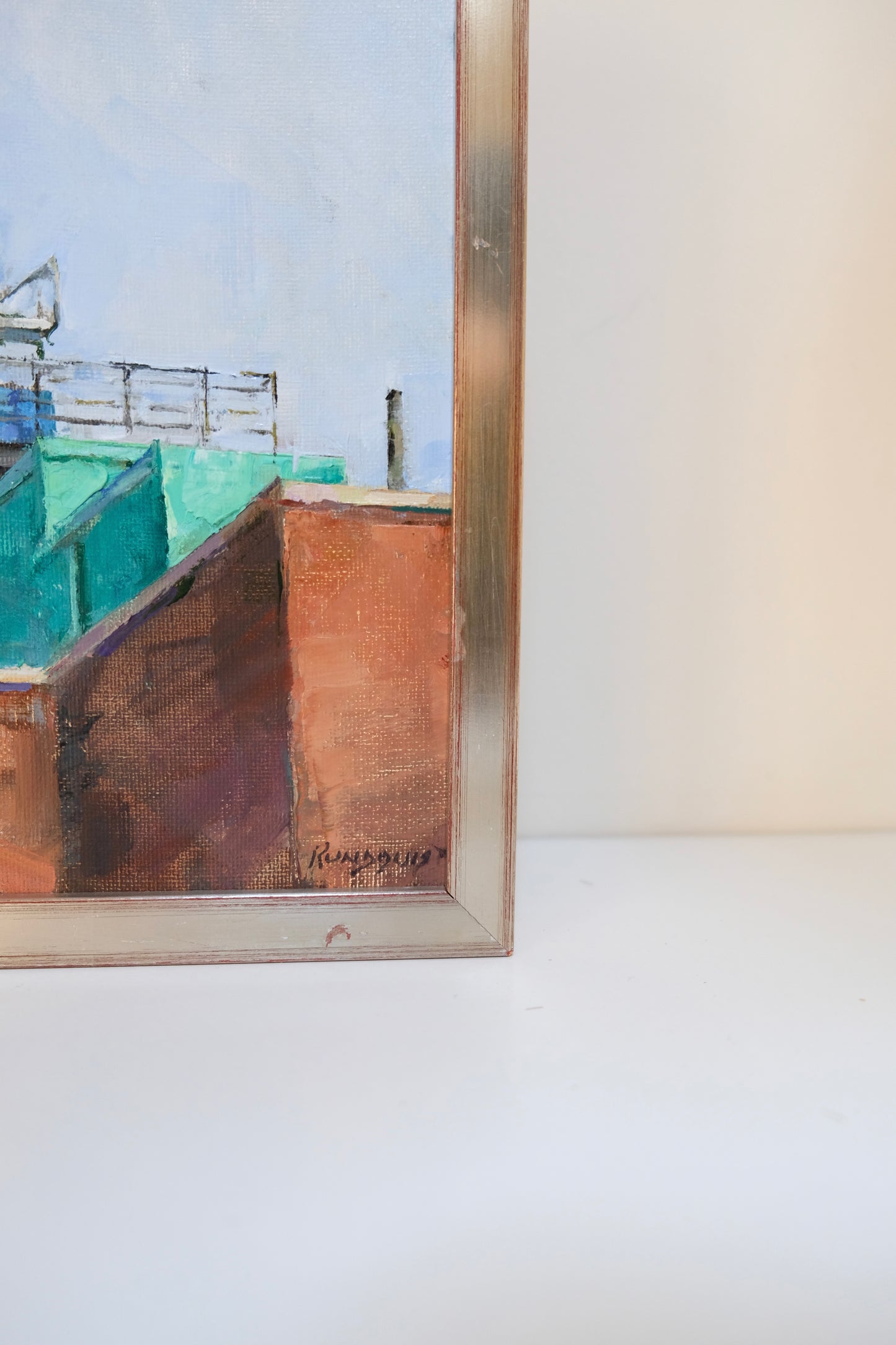 Signed Vintage Painting of an Urban Rooftop Landscape.