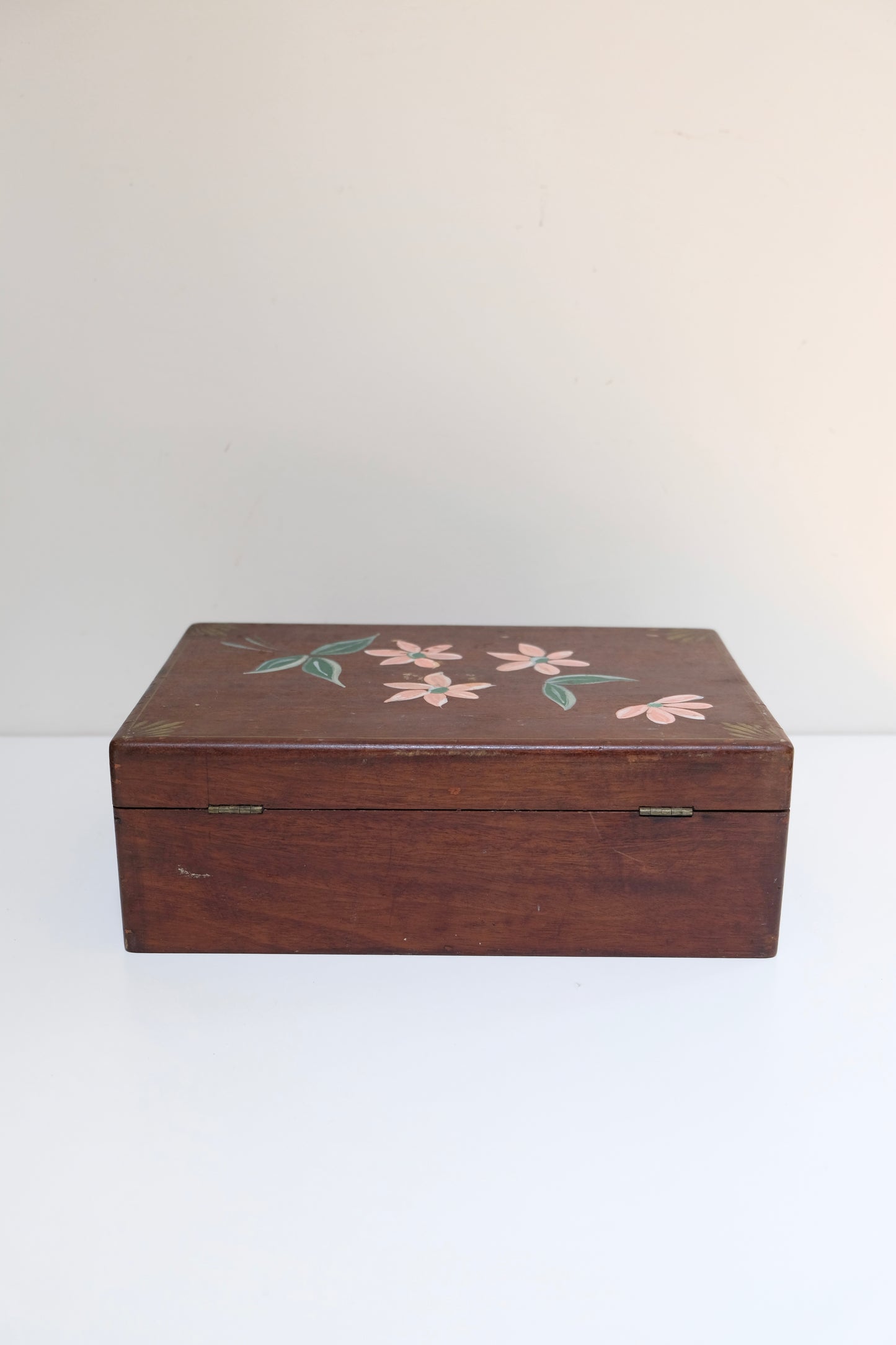 Antique Hand-Painted Folk Art Wooden Vanity Box with Mirrored Lid