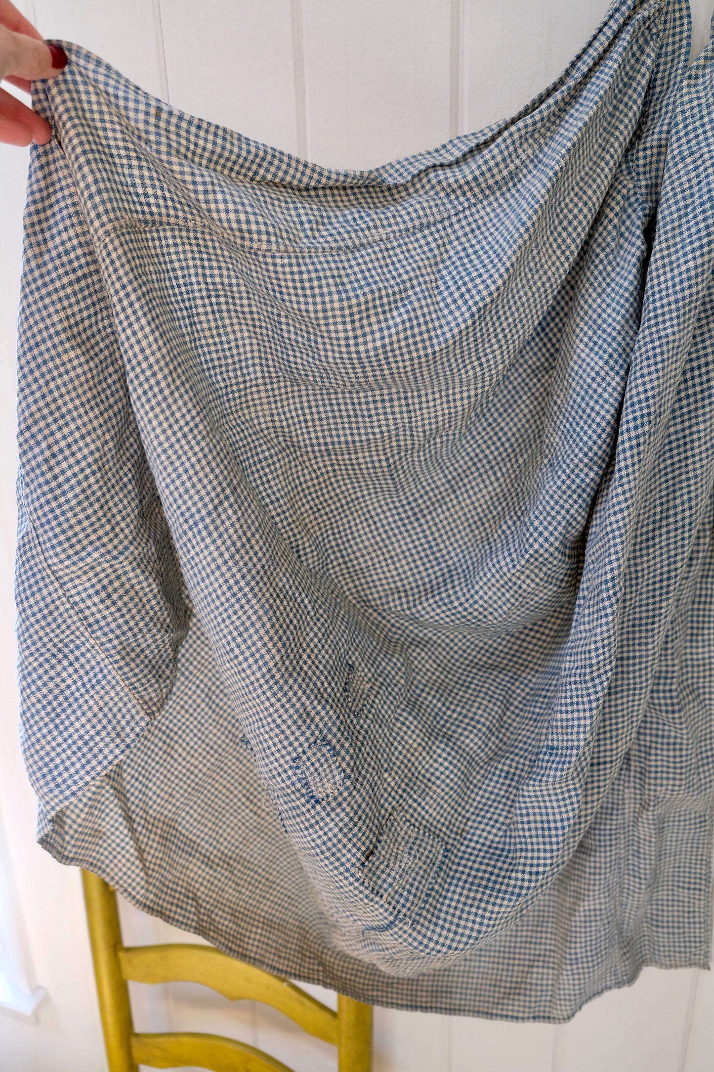 Antique 1800s Blue and White Gingham Waist Tie Apron