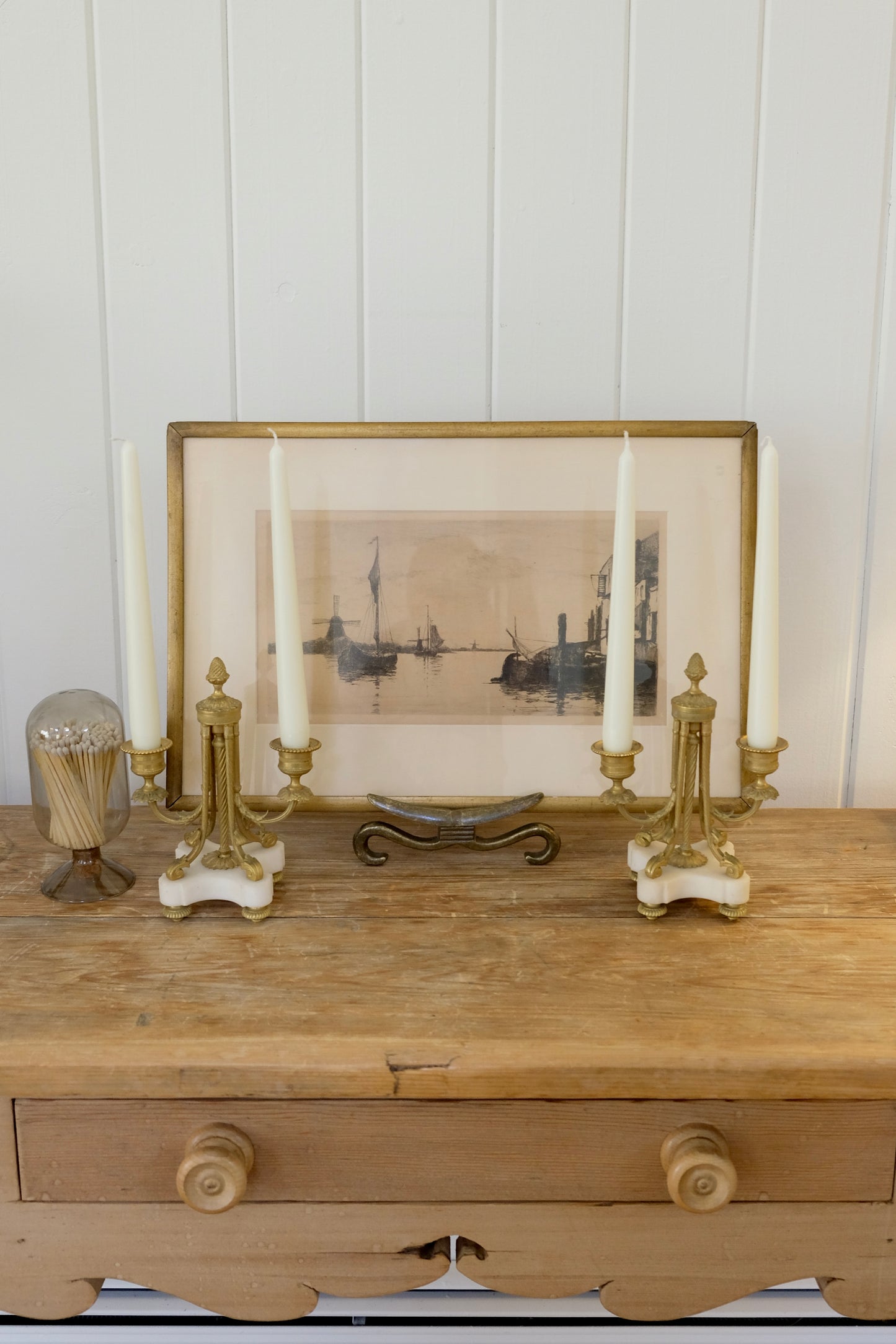 Antique Framed Print of a Calm Harbor Scene by G.A. Platt,