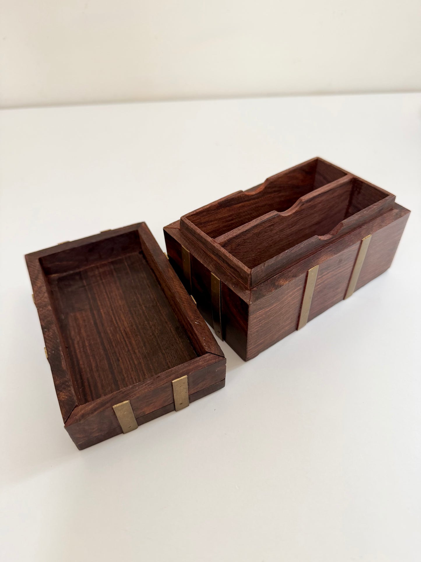 Vintage Wooden Card Box with Brass Detailing