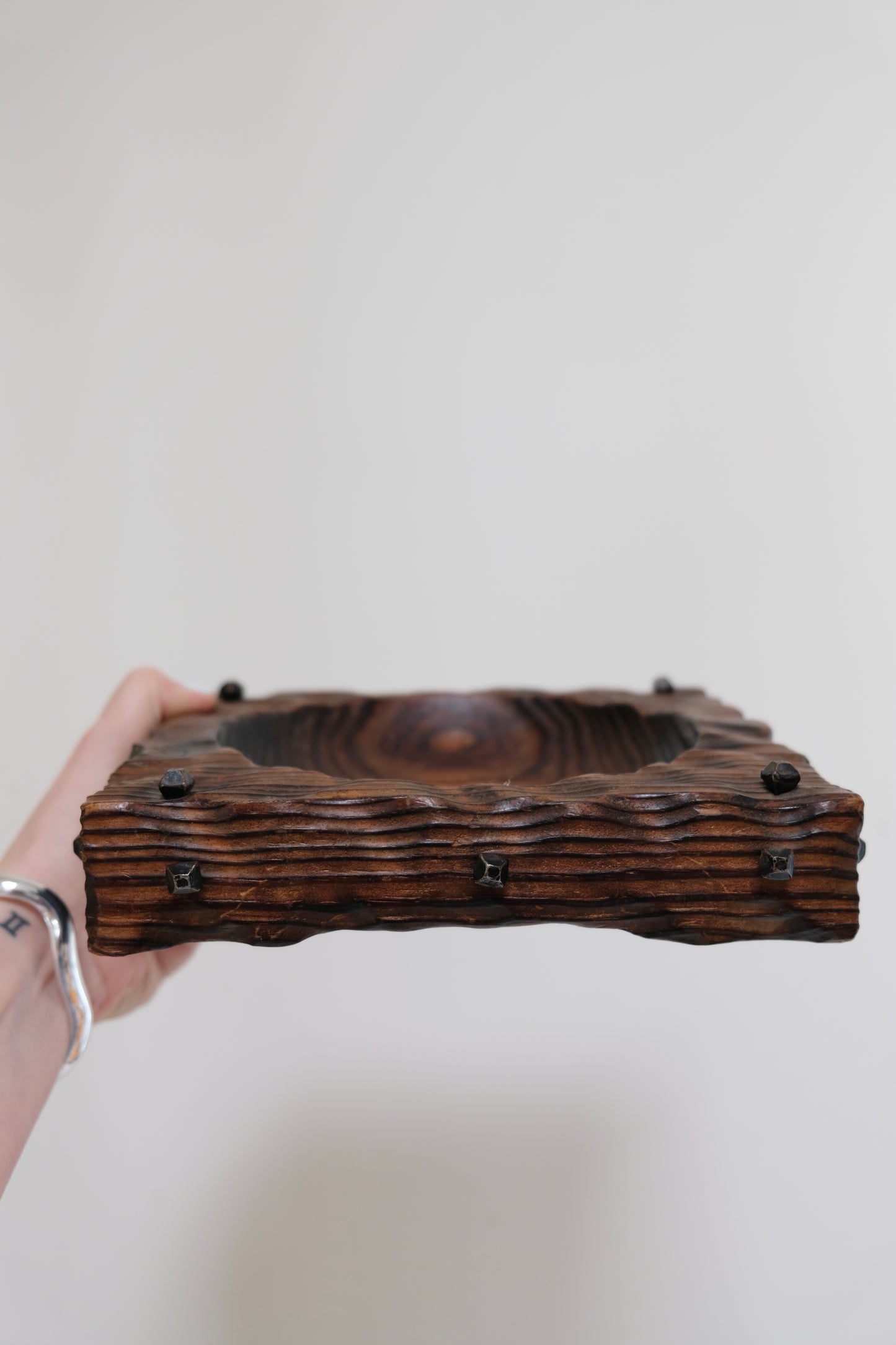 Vintage Gothic Carved Wood Catch-All with Iron Nail Accents