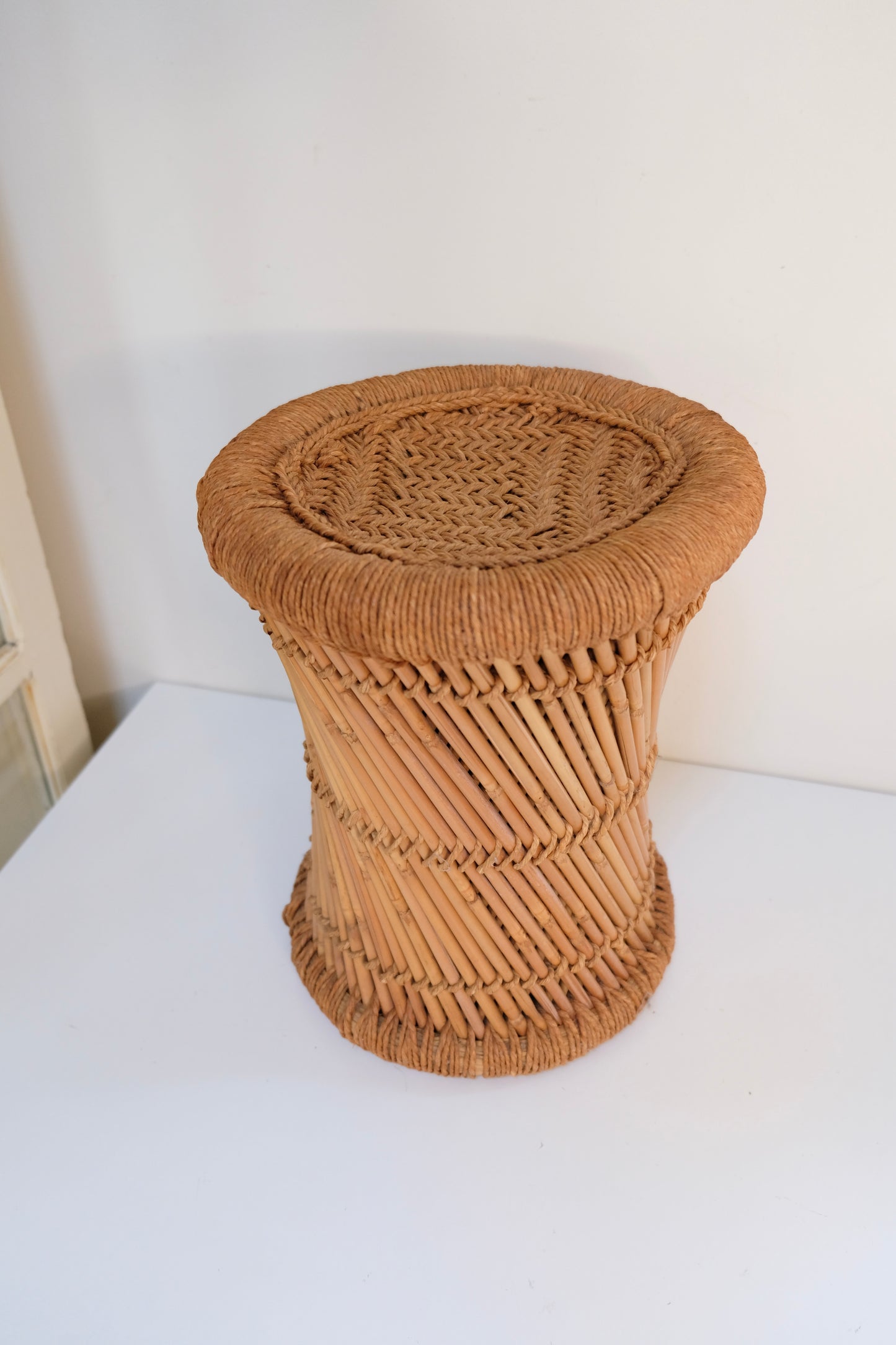 Vintage Jute Wicker Pencil Reed Bamboo Stool/Stands