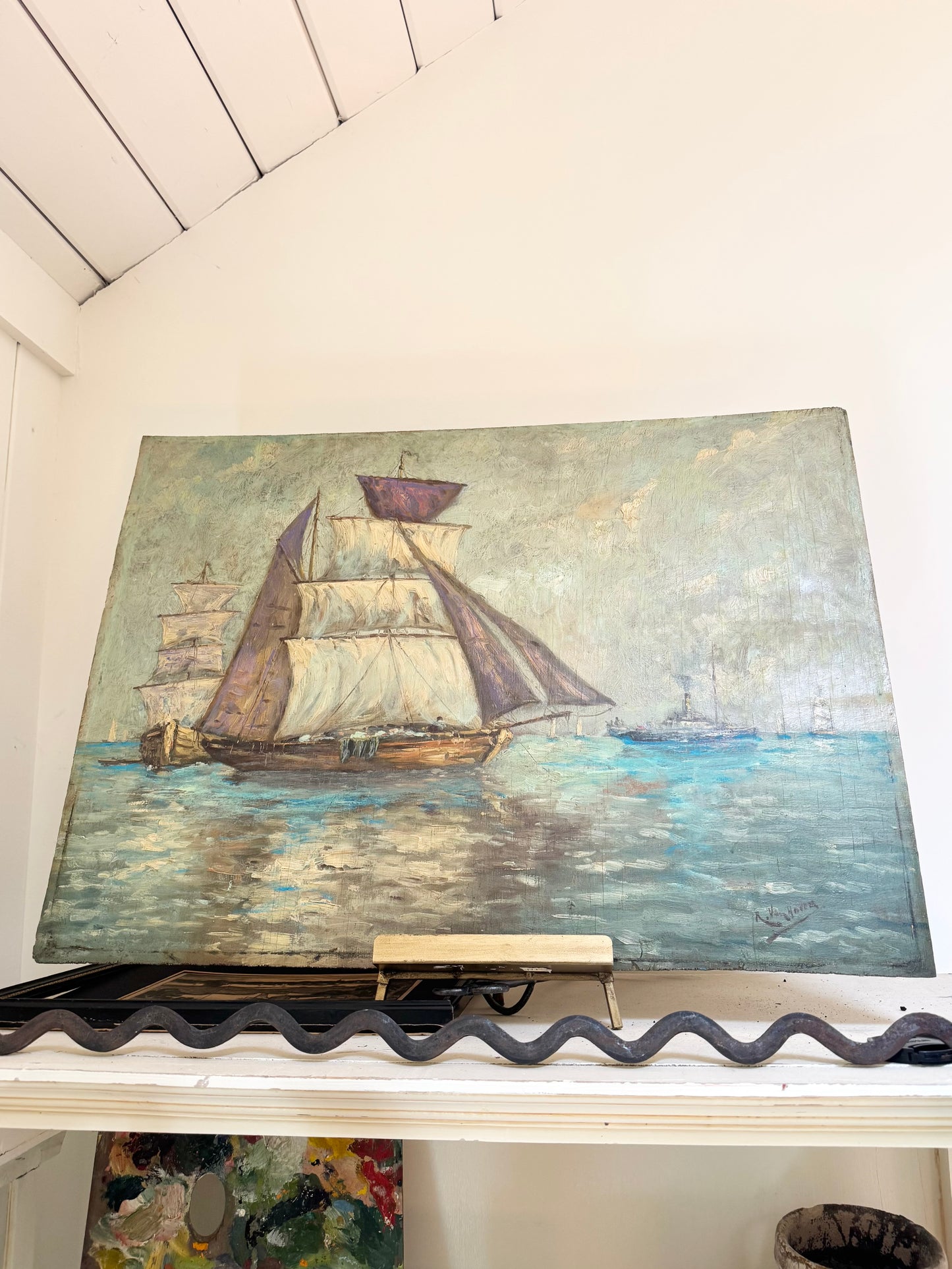 Large Signed Antique Nautical Oil Painting on Board – Ships at Sea