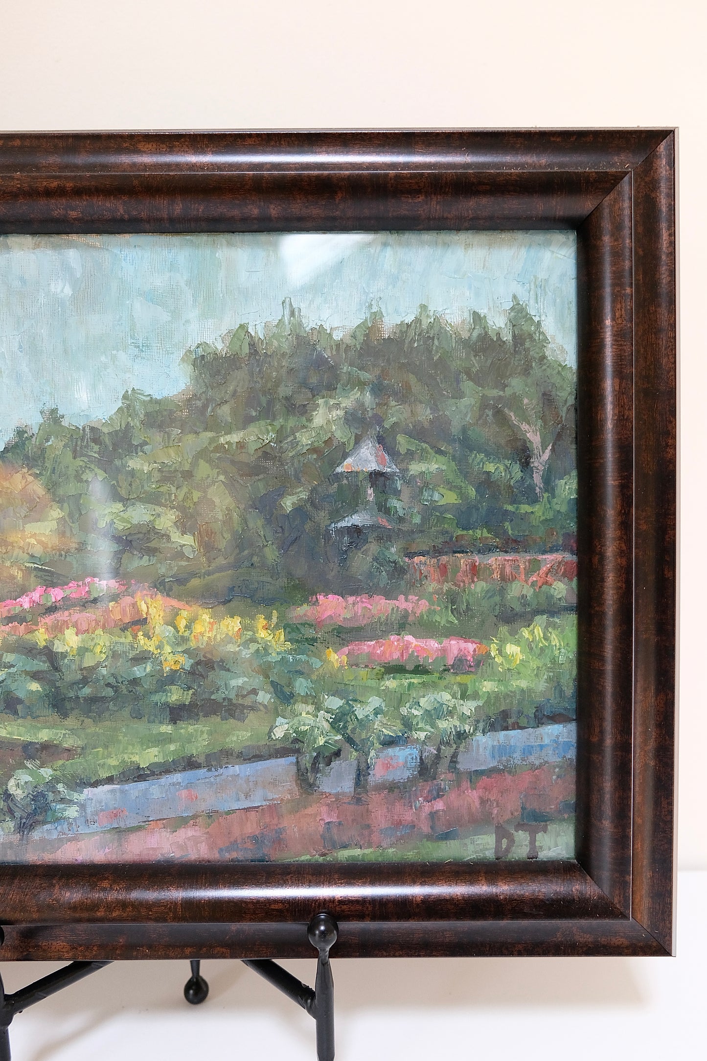 Vintage Signed Landscape Painting in Deep Brown Frame