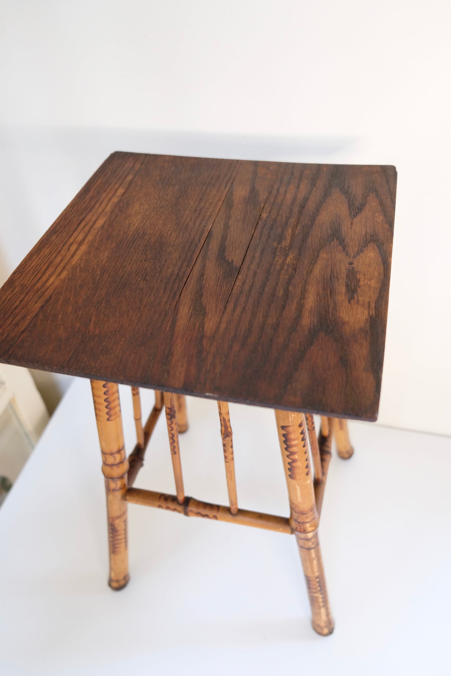Vintage Burnt Bamboo Plant Stand with Wooden Top