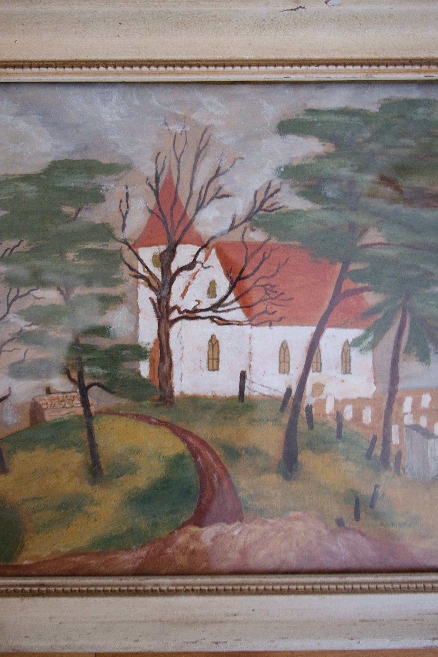 Vintage Signed Mixed Media Folk Art Painting on Paper