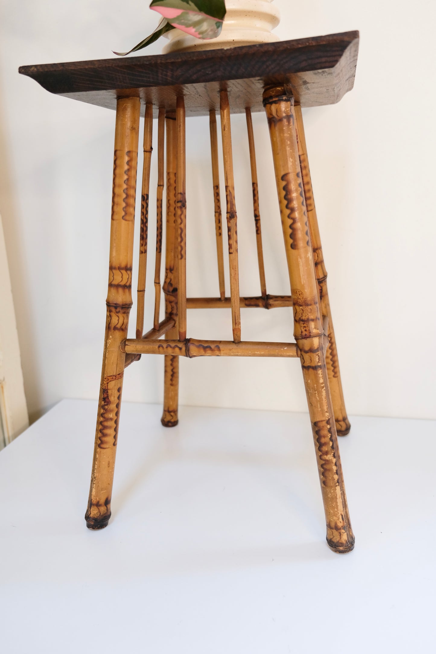 Vintage Burnt Bamboo Plant Stand with Wooden Top