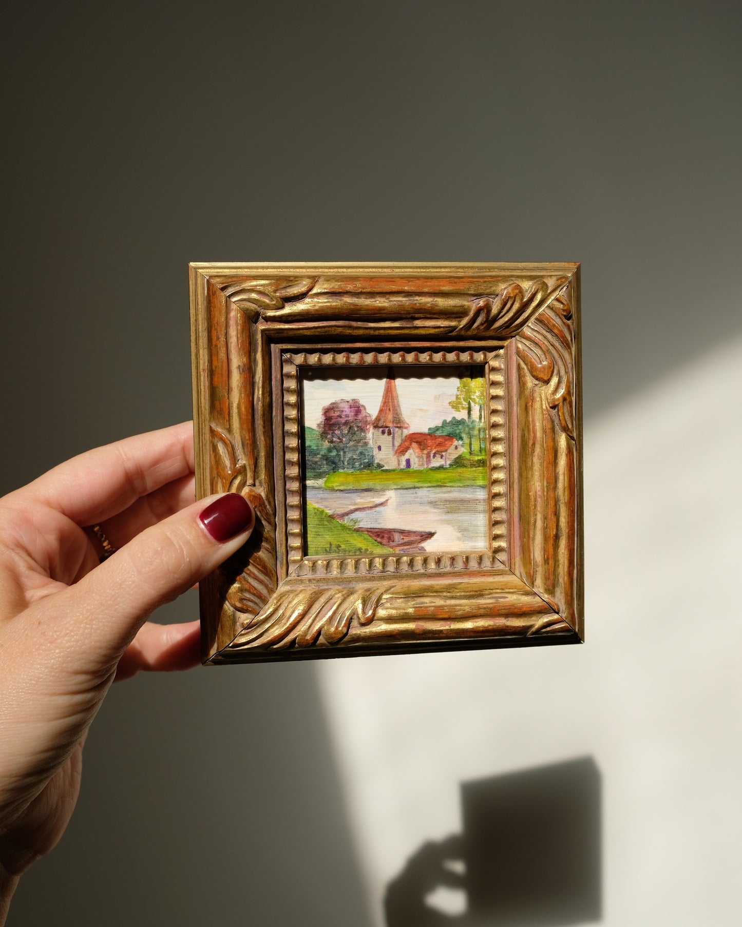 Mini Original Vintage Painting of a Little Church on a River