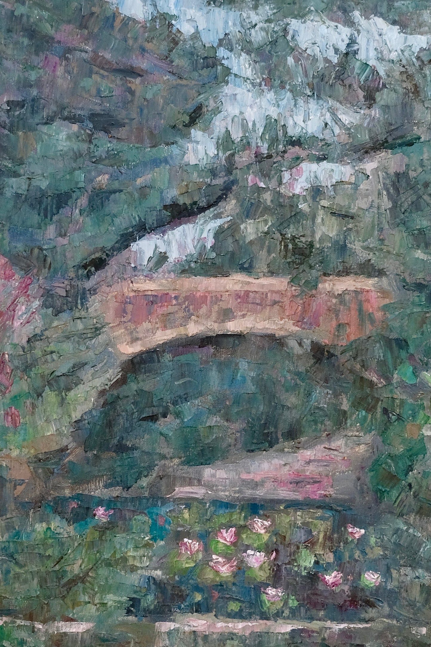 Vintage Signed Impressionist Oil Painting of Garden Bridge and Lilies (1990s)