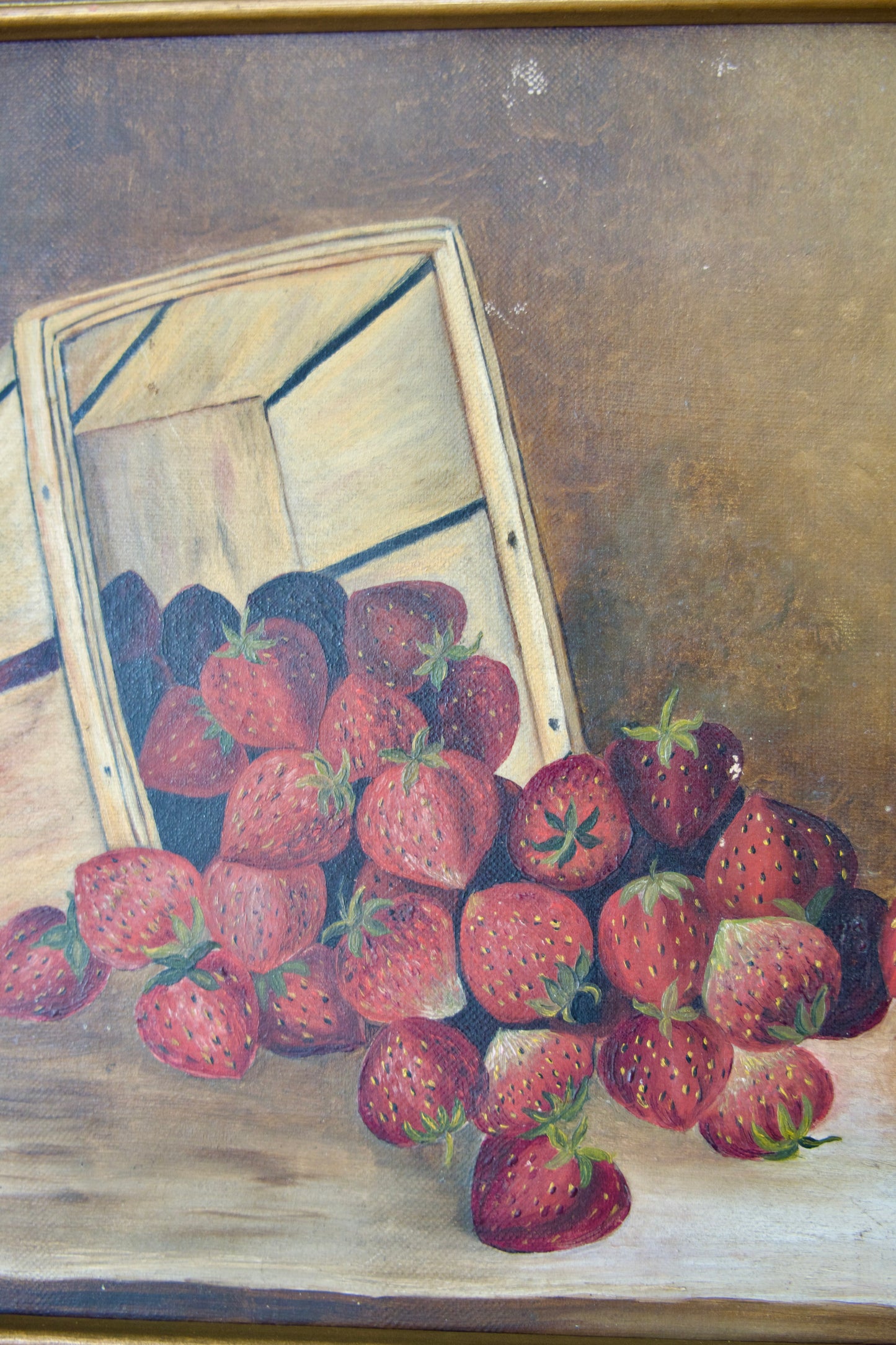 Antique 1800s Oil on Board Strawberries Still Life