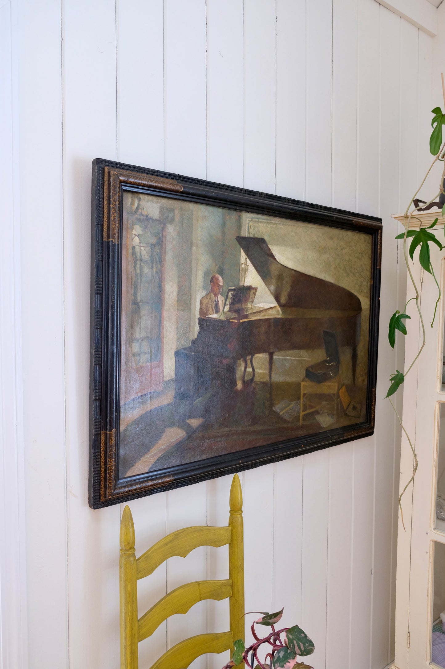 Large Moody Vintage Oil Painting of Man Seated at Grand Piano