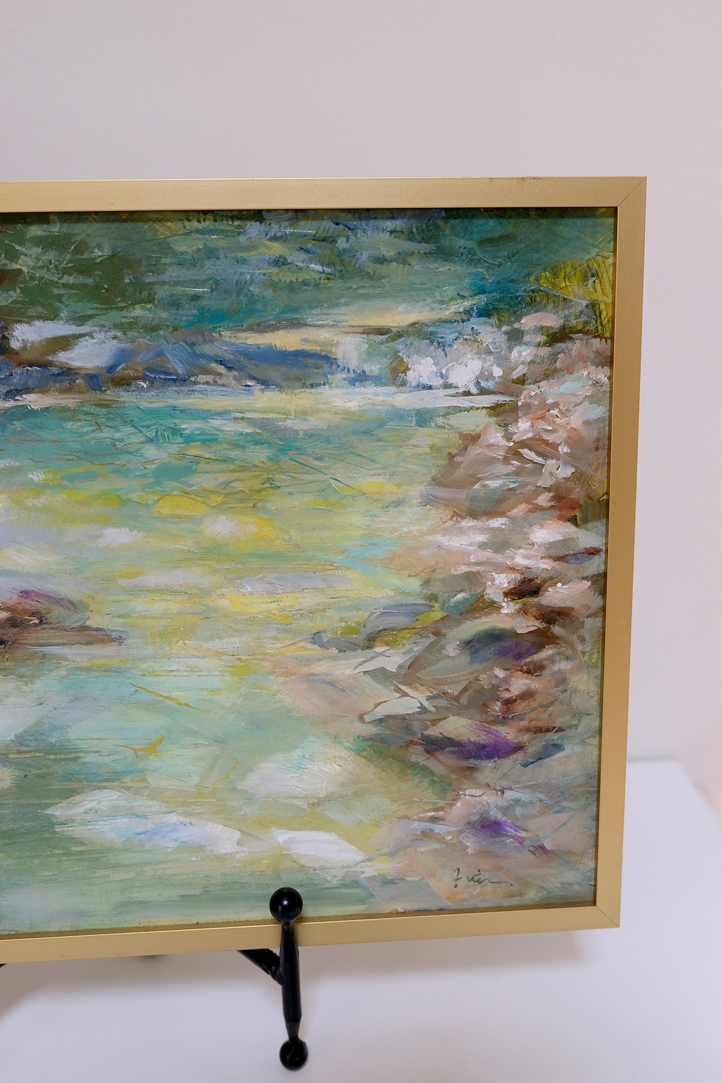 Vintage Signed River Painting in Gold Frame