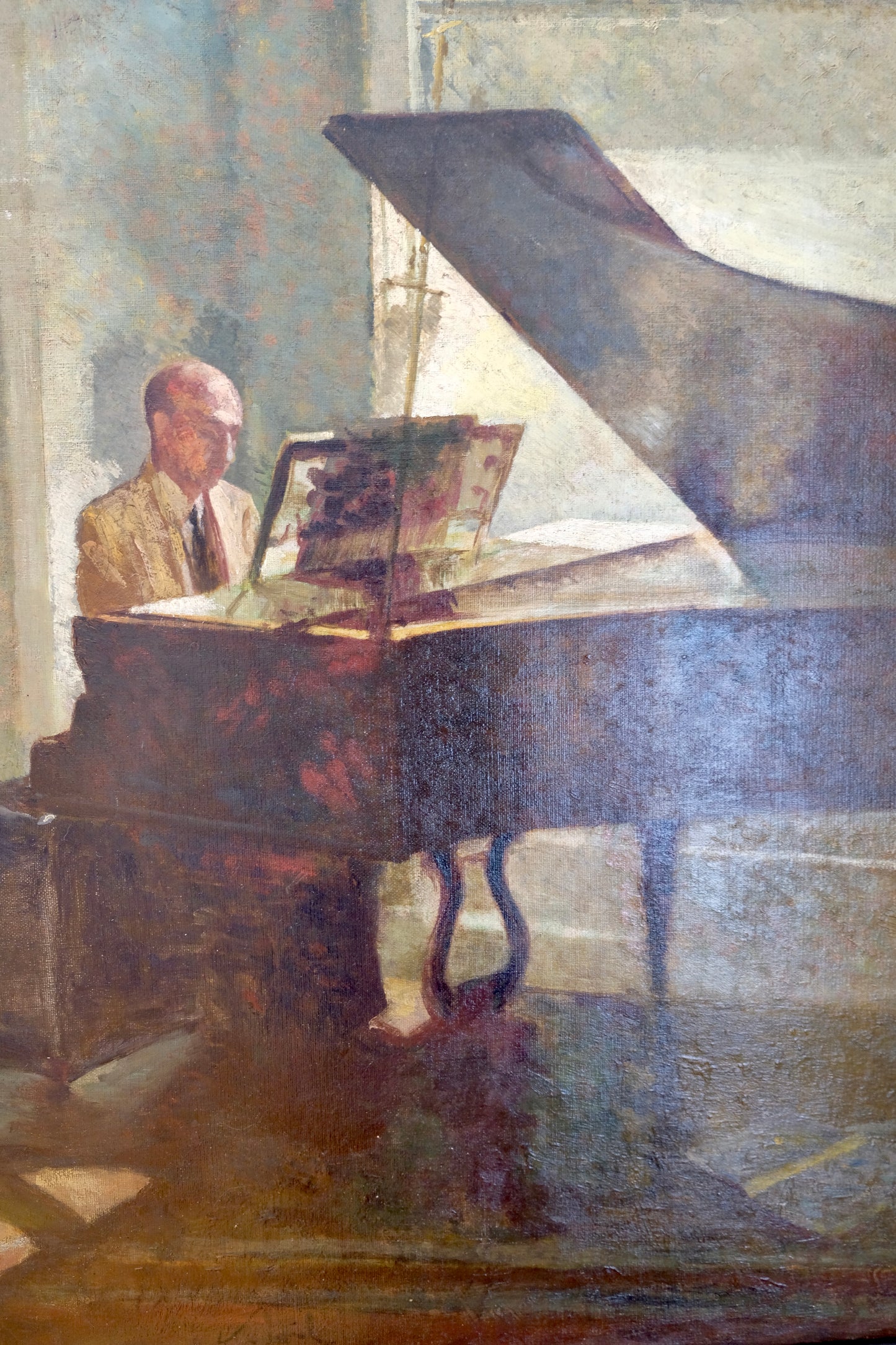 Large Moody Vintage Oil Painting of Man Seated at Grand Piano