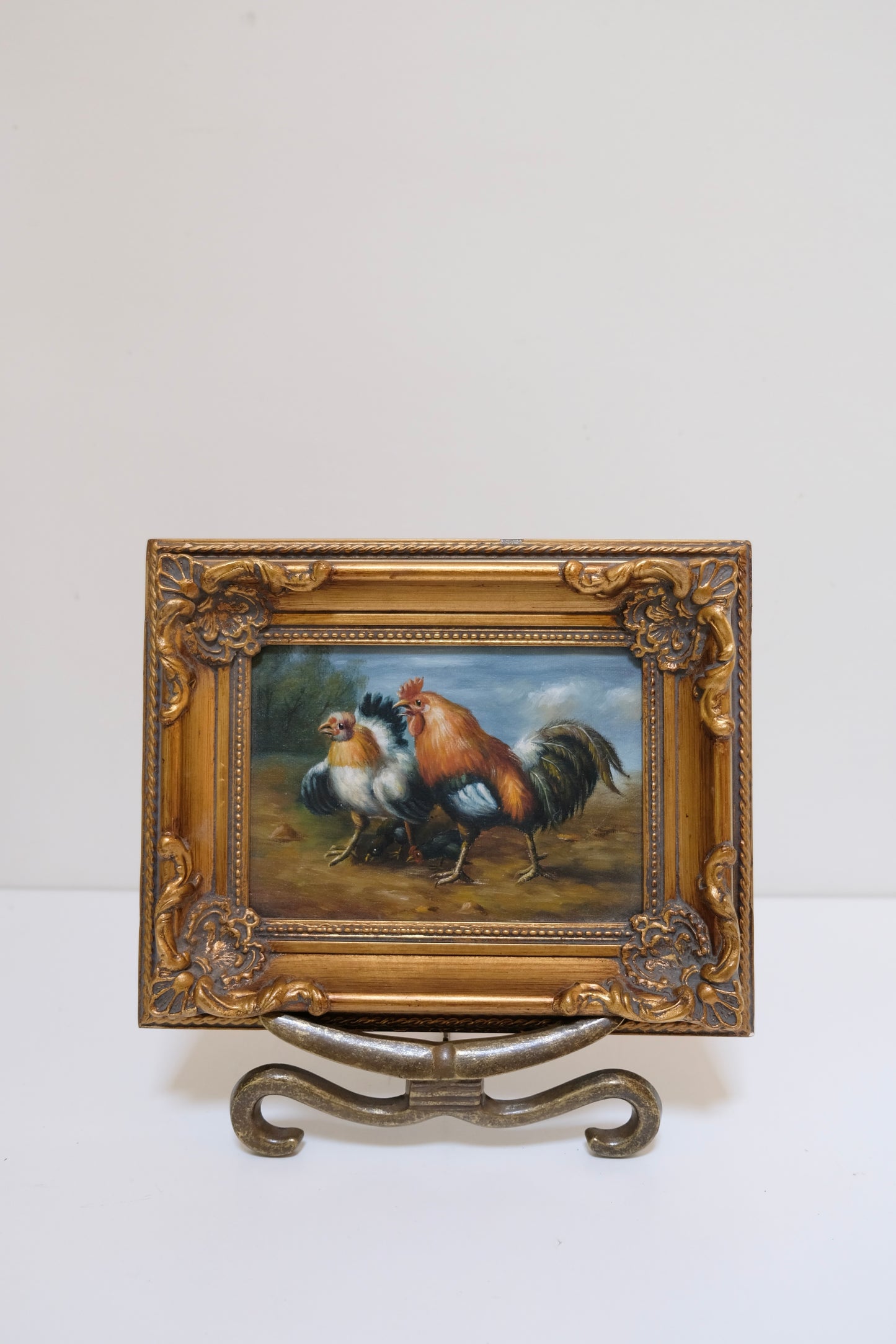 Vintage Rooster/Chickens Oil Painting in Ornate Frame