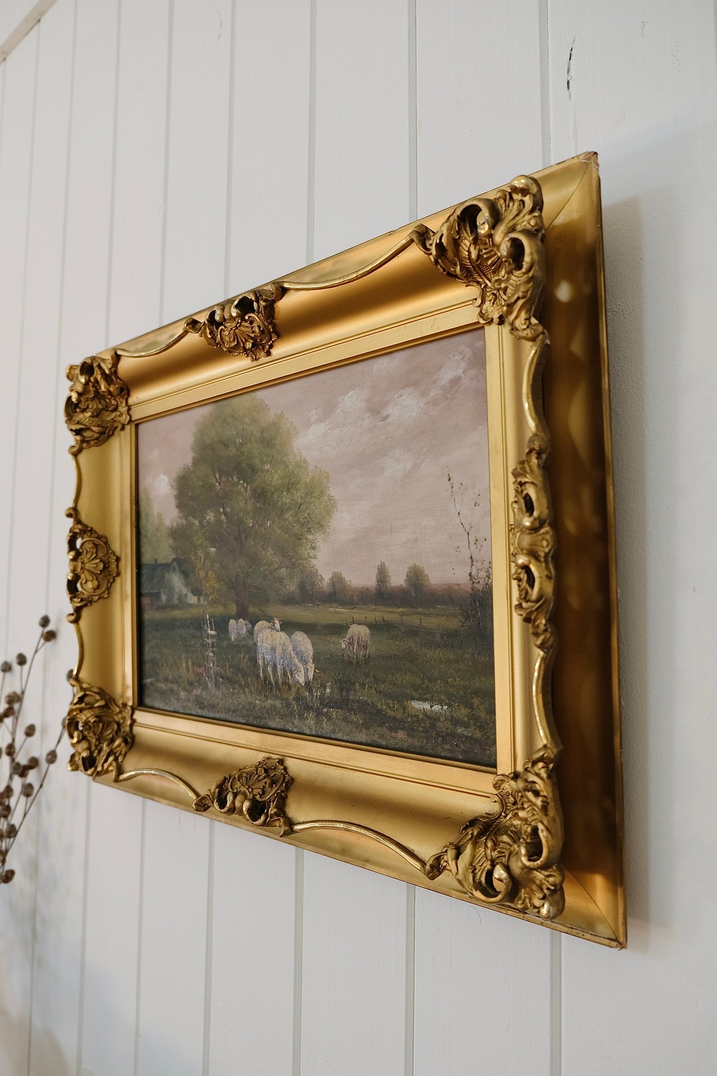 Signed Antique Oil Painting of Sheep in Pasture, by John Parker Davis