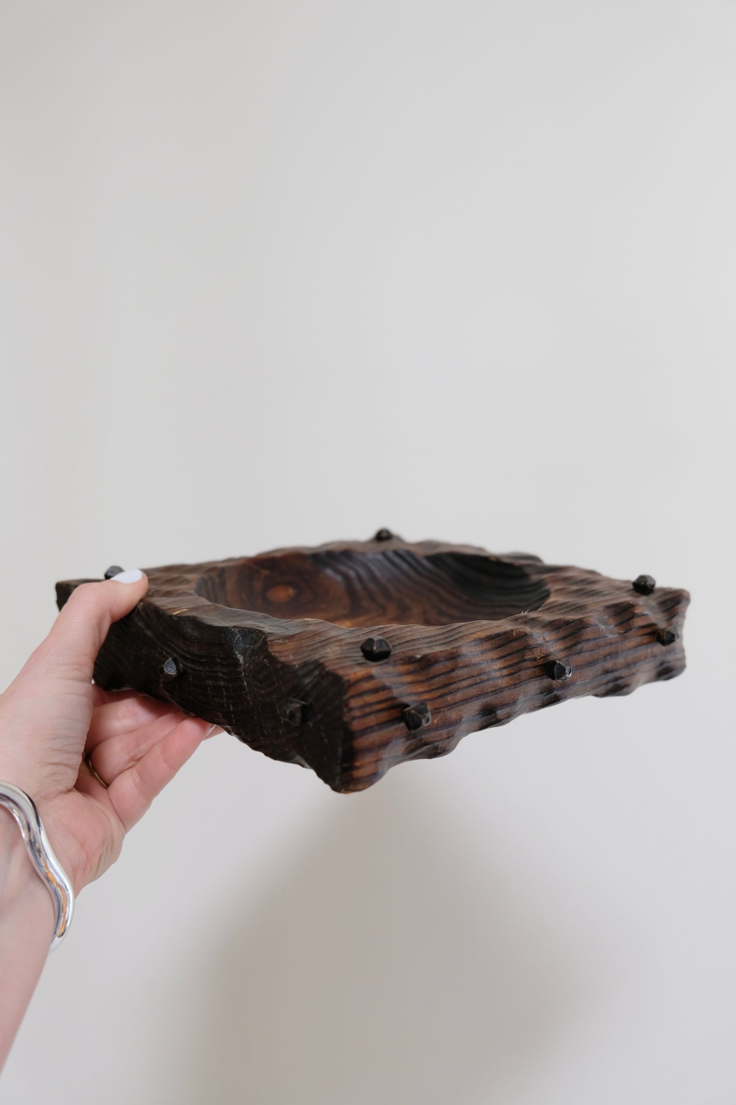 Vintage Gothic Carved Wood Catch-All with Iron Nail Accents