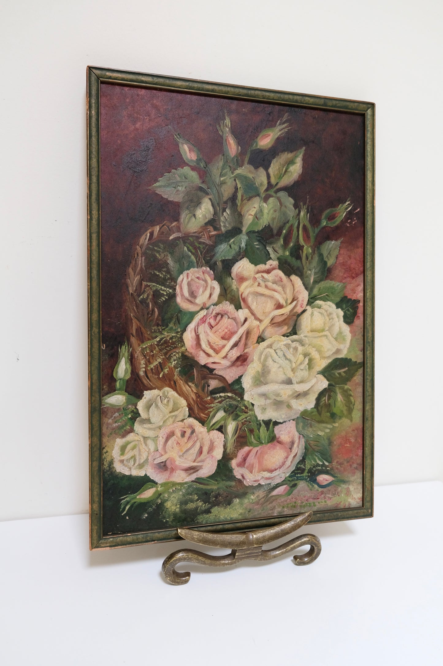 Antique Oil Painting on Board of a Moody Rose Bouquet