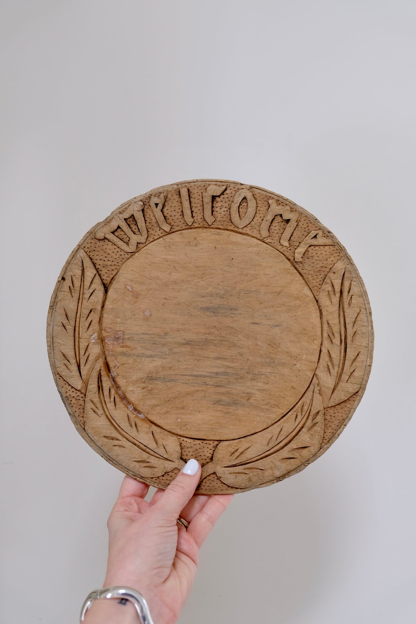 Antique Wooden Breadboard Carved “Welcome”