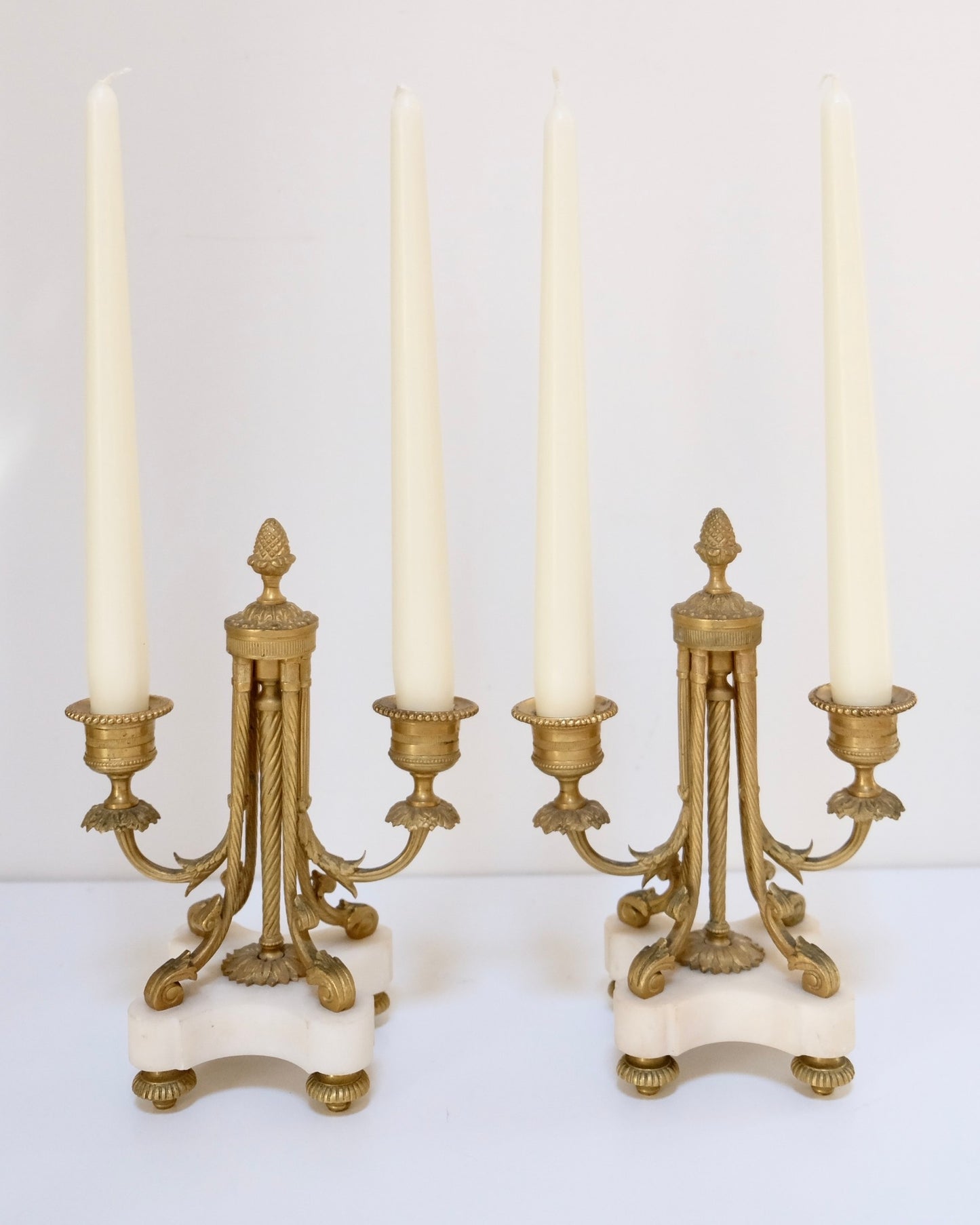 Pair Antique French Gilt Bronze Candelabras with Marble Base