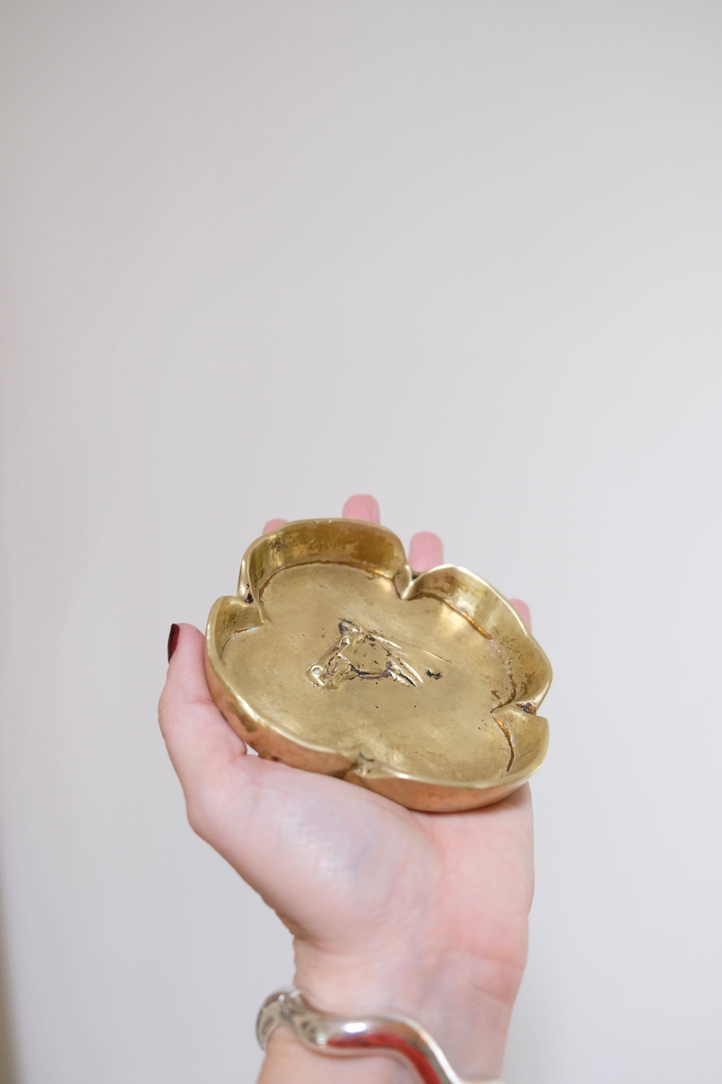 Mid-Century Solid Brass Clover Dish with Horse Cameo