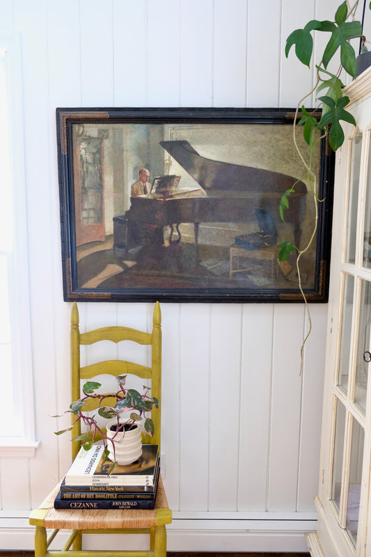 Large Moody Vintage Oil Painting of Man Seated at Grand Piano