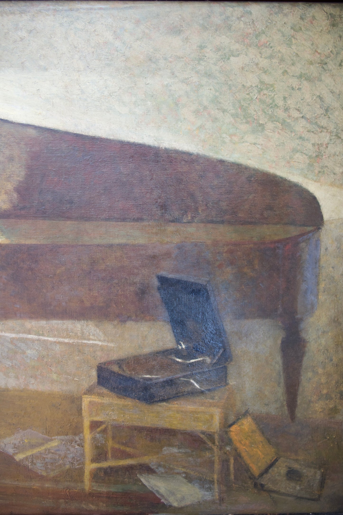 Large Moody Vintage Oil Painting of Man Seated at Grand Piano