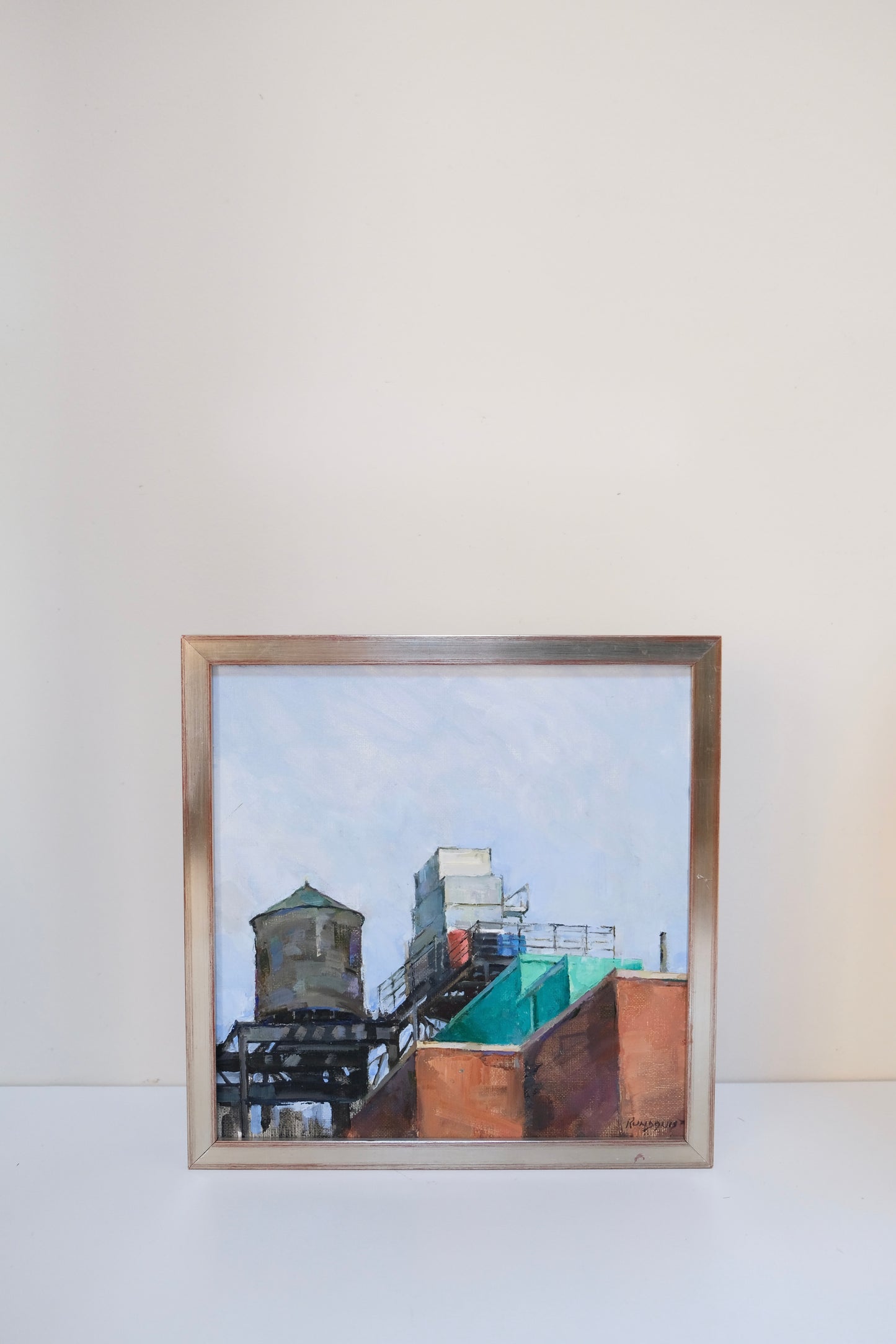Signed Vintage Painting of an Urban Rooftop Landscape.