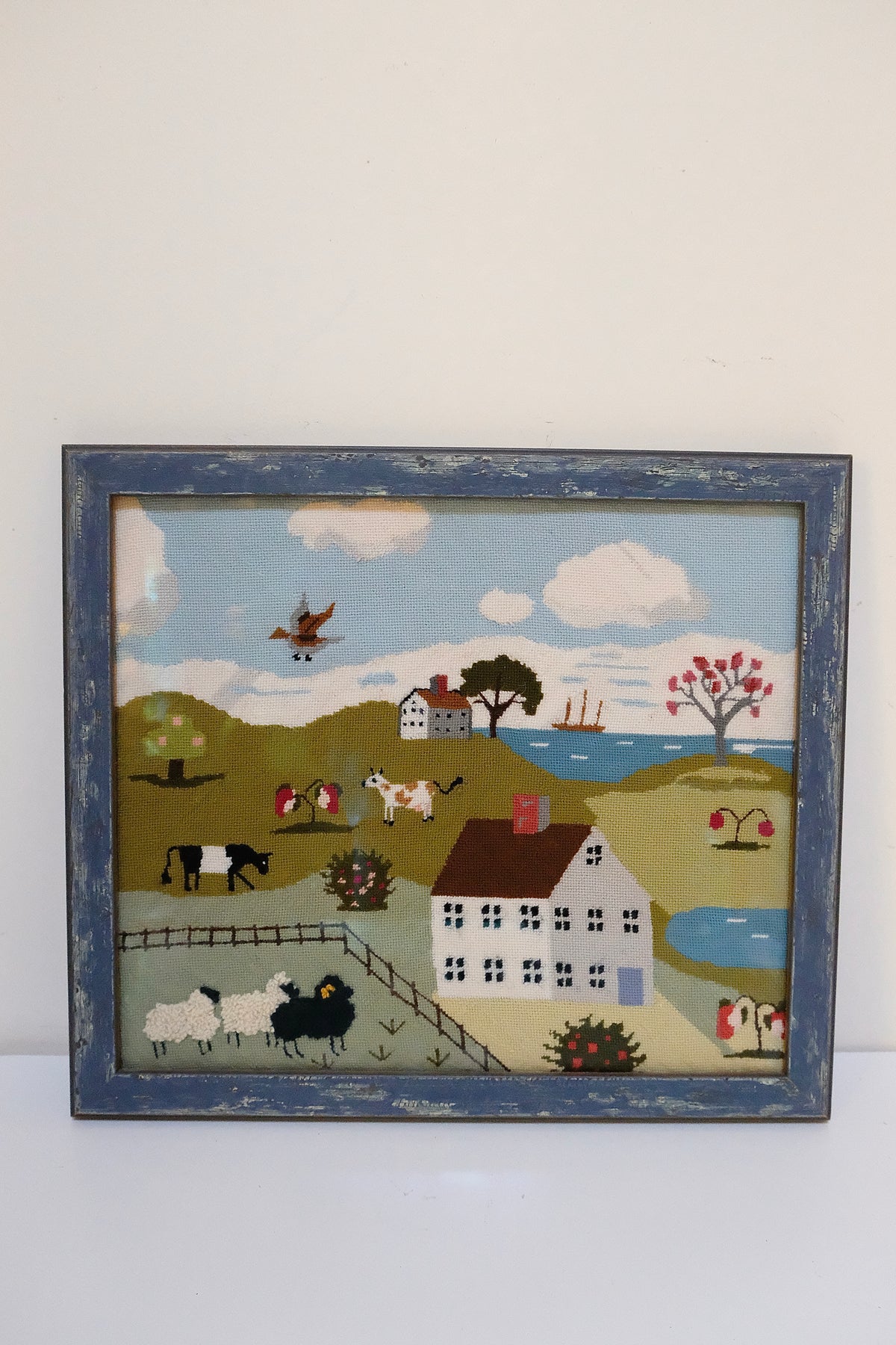 Vintage Framed Folk Art Needlepoint