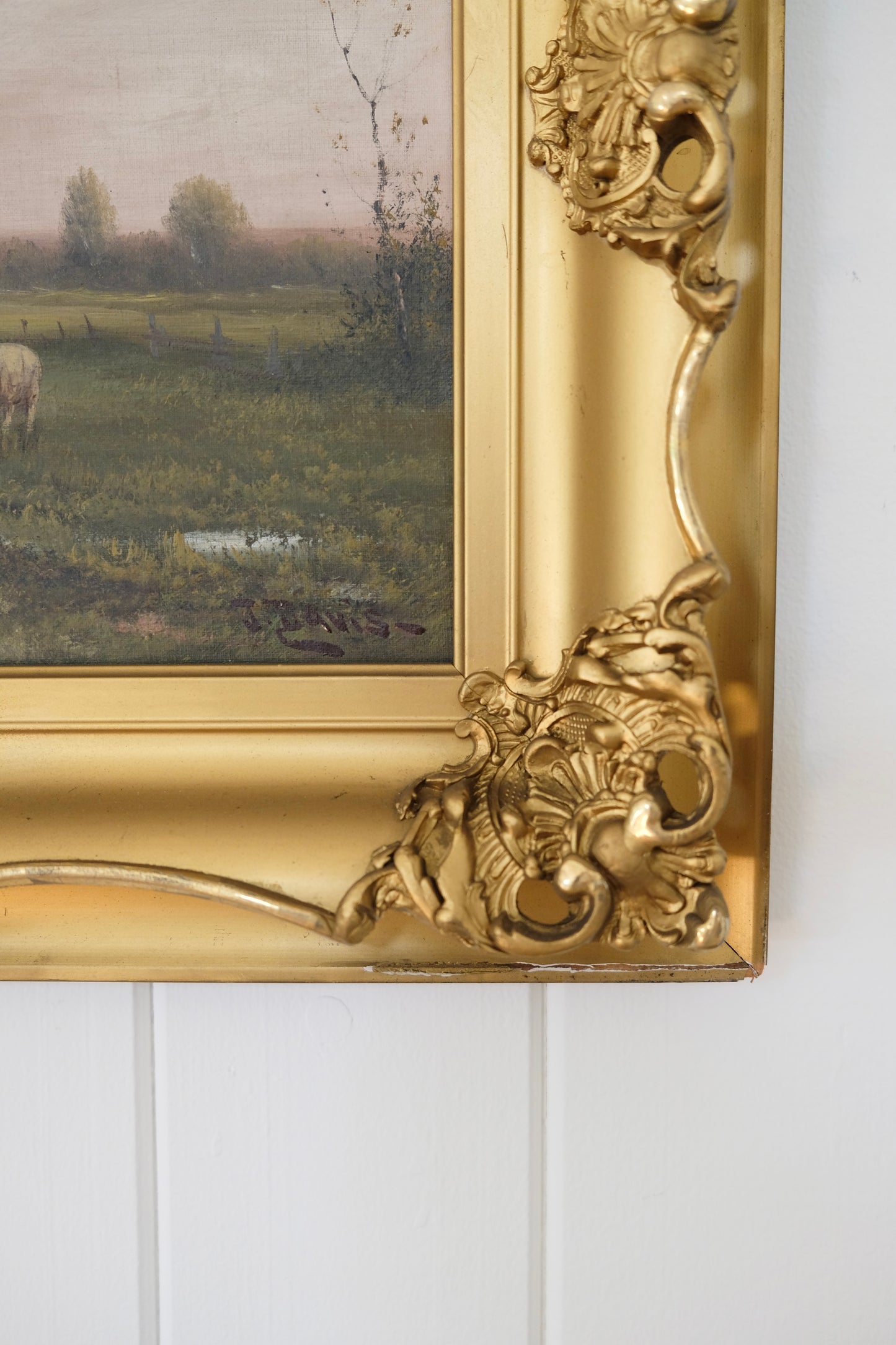 Signed Antique Oil Painting of Sheep in Pasture, by John Parker Davis