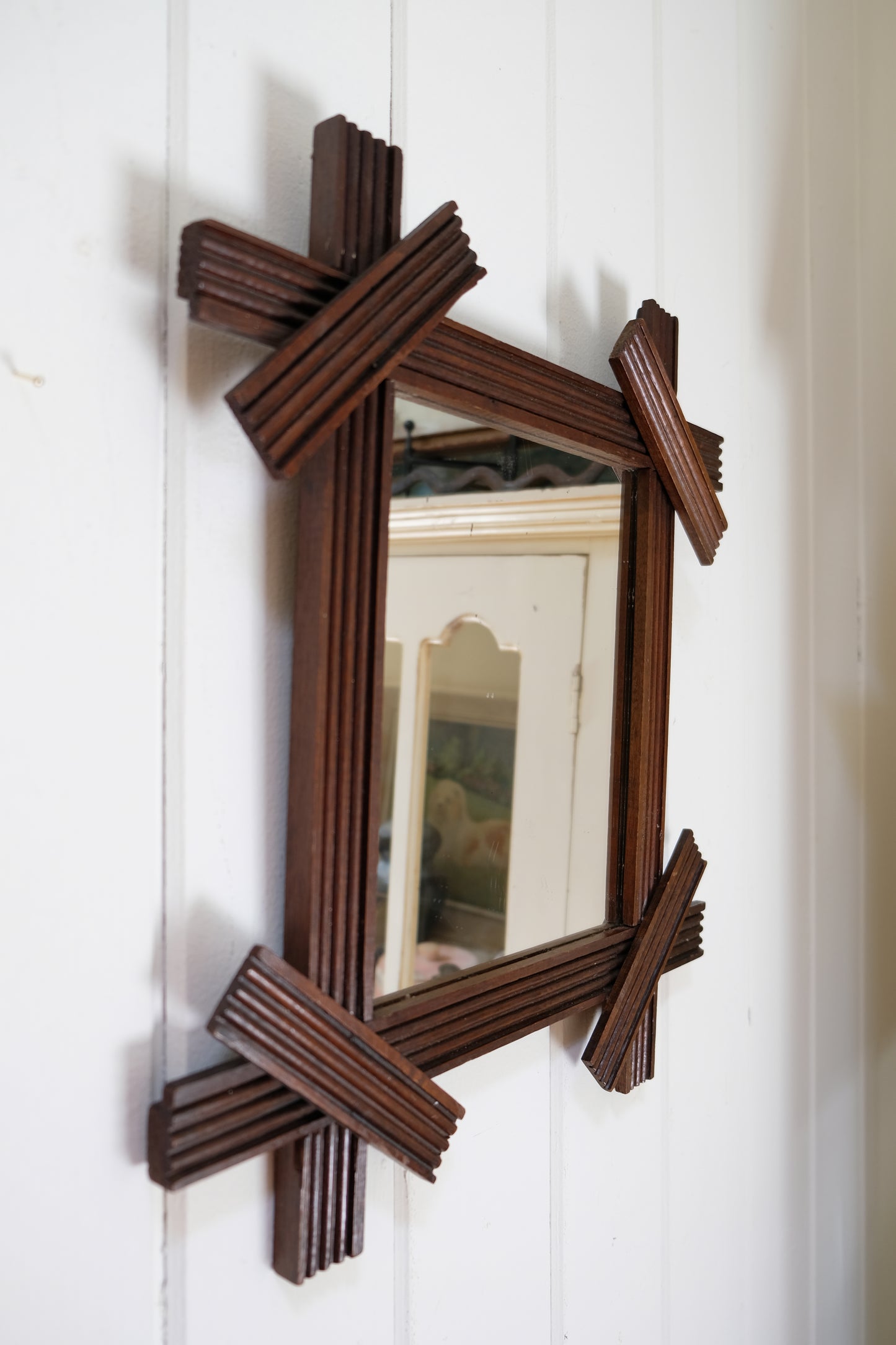 Large Antique Wooden Tramp Art Mirror