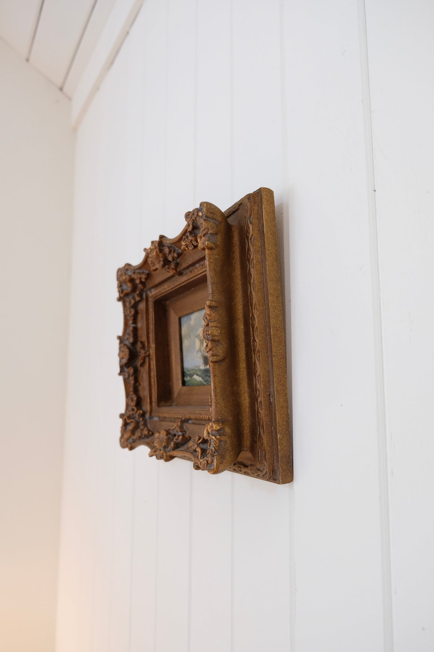 Vintage Nautical Oil Painting of Tall Ship in Ornate 3" Deep Carved Wood Frame – Signed