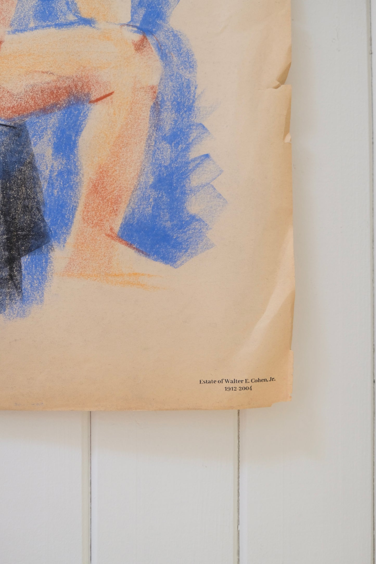 Vintage Original Nude Charcoal Drawing, With Blue Highlights, Walter E. Cohen Jr