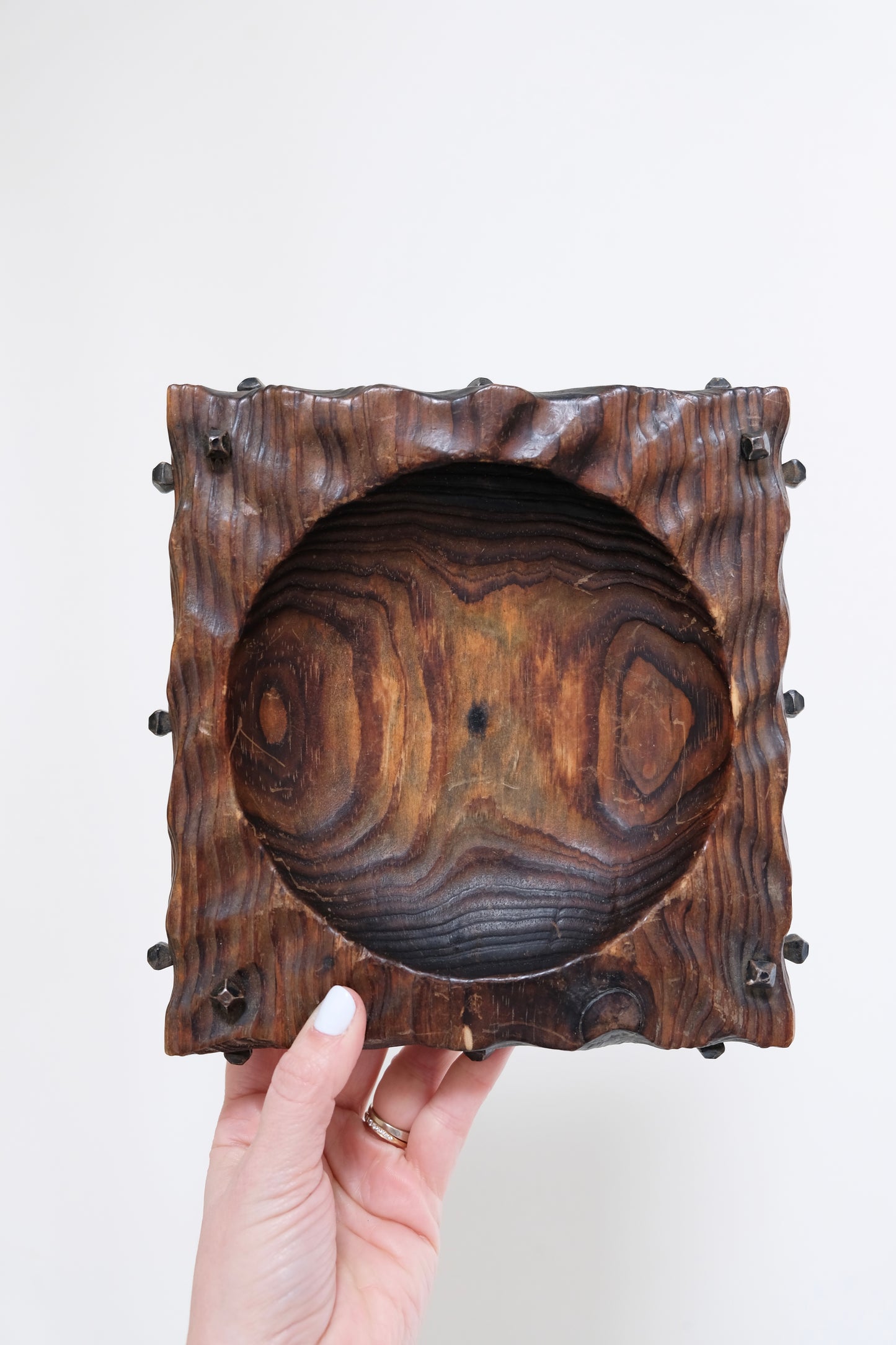 Vintage Gothic Carved Wood Catch-All with Iron Nail Accents