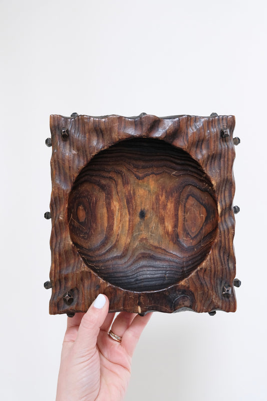 Vintage Gothic Carved Wood Catch-All with Iron Nail Accents