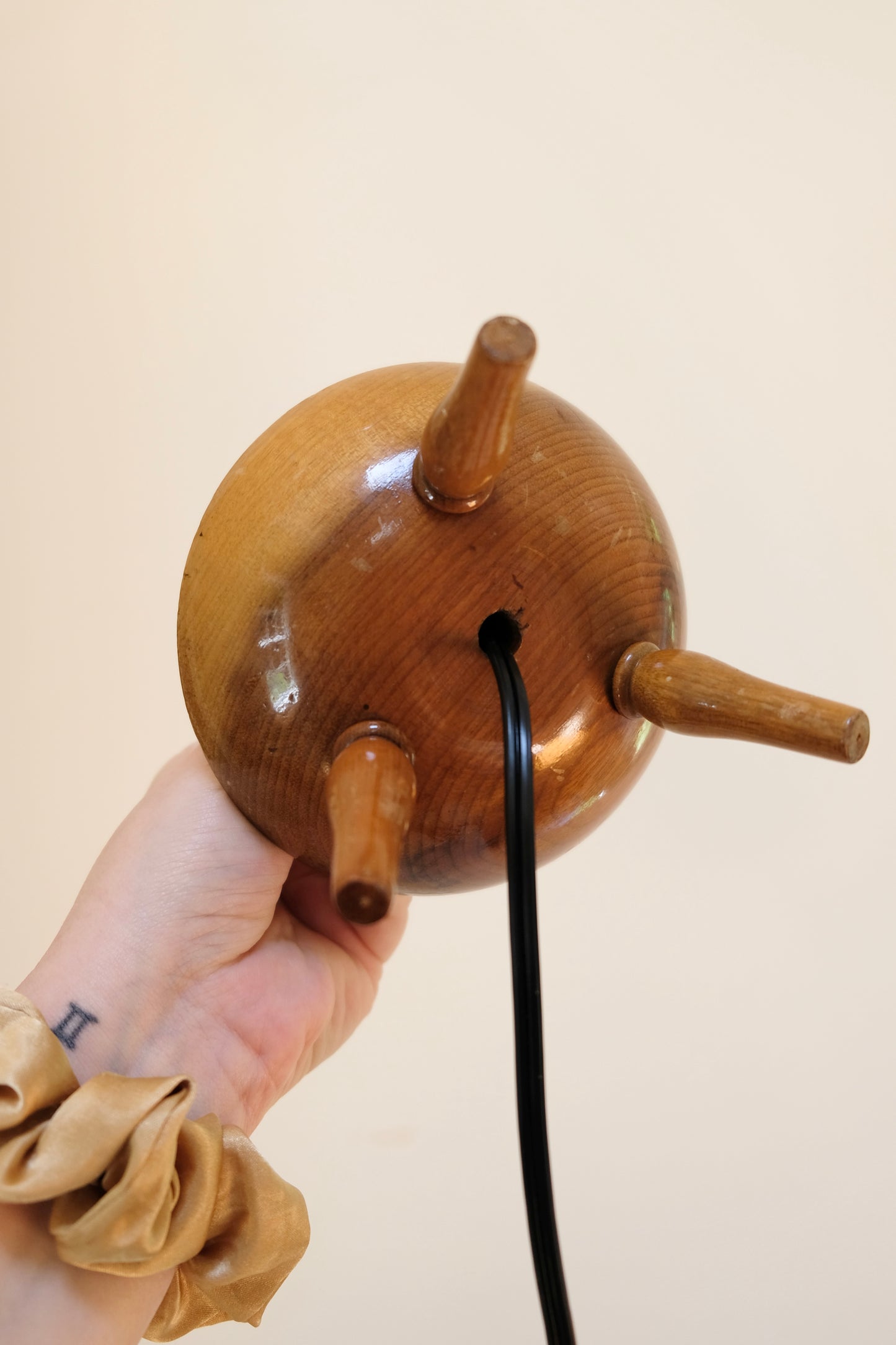 Vintage Turned Wood Tripod Table Lamp with Brass Socket, Newly Rewired