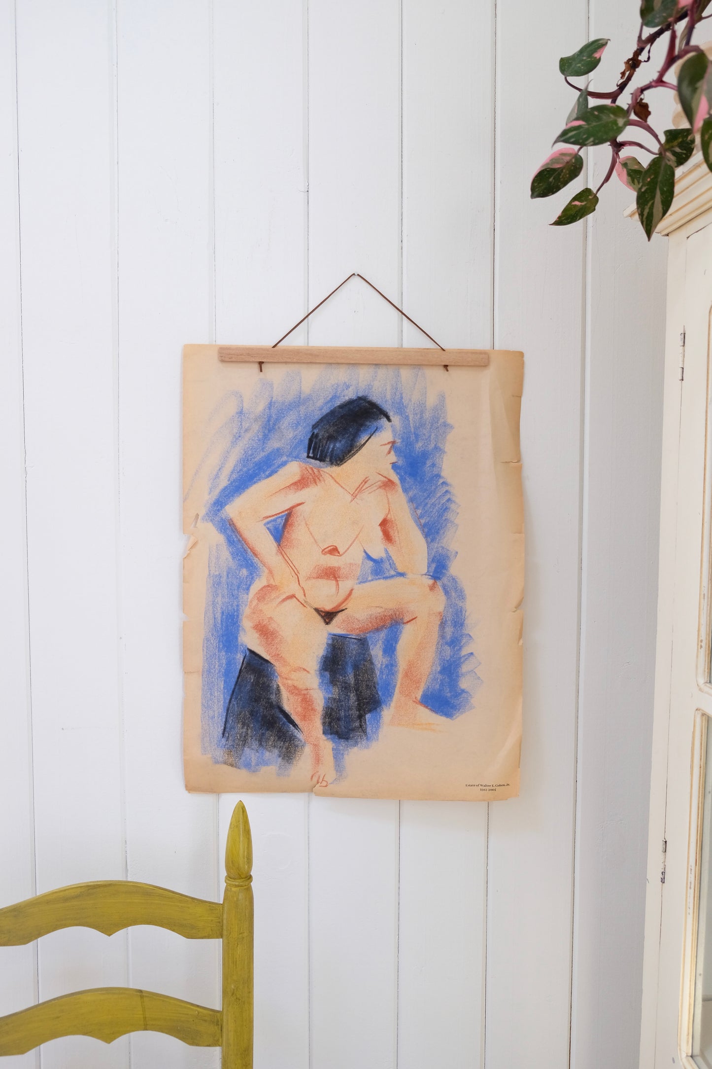 Vintage Original Nude Charcoal Drawing, With Blue Highlights, Walter E. Cohen Jr